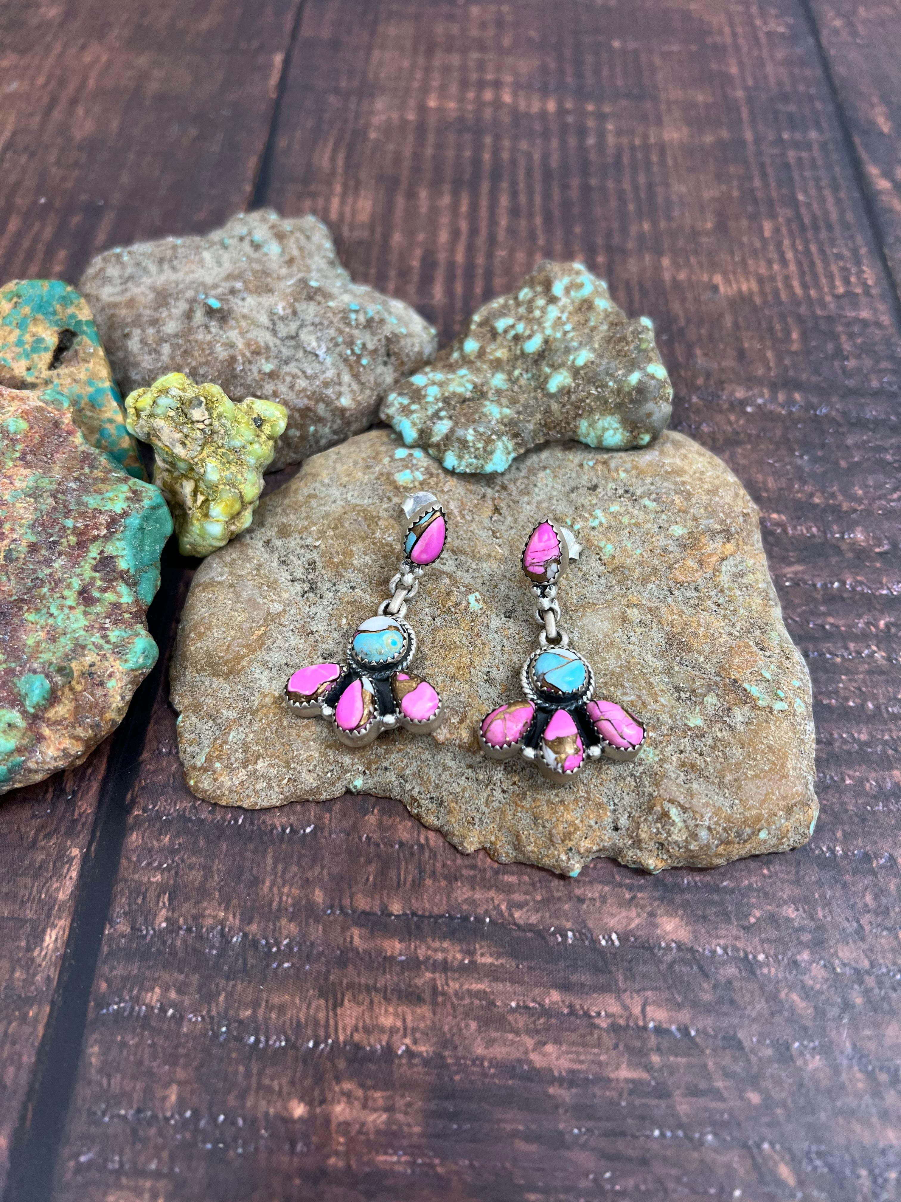 Handmade Sterling Silver Cotton Candy Turquoise Dangle Earrings with Signed Nizhoni