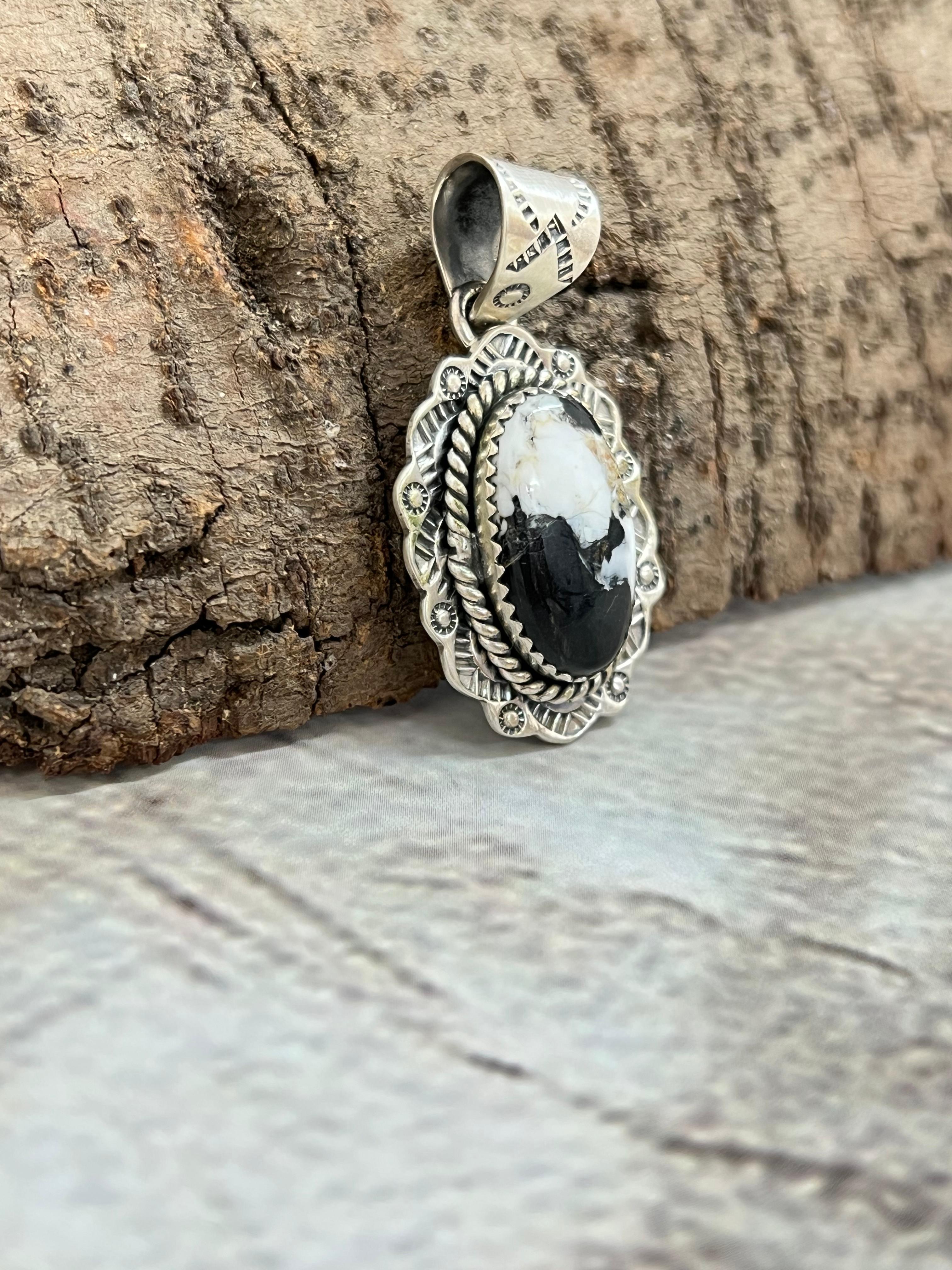 Handmade Sterling Silver White Buffalo Turquoise Pendant with Signed Nizhoni