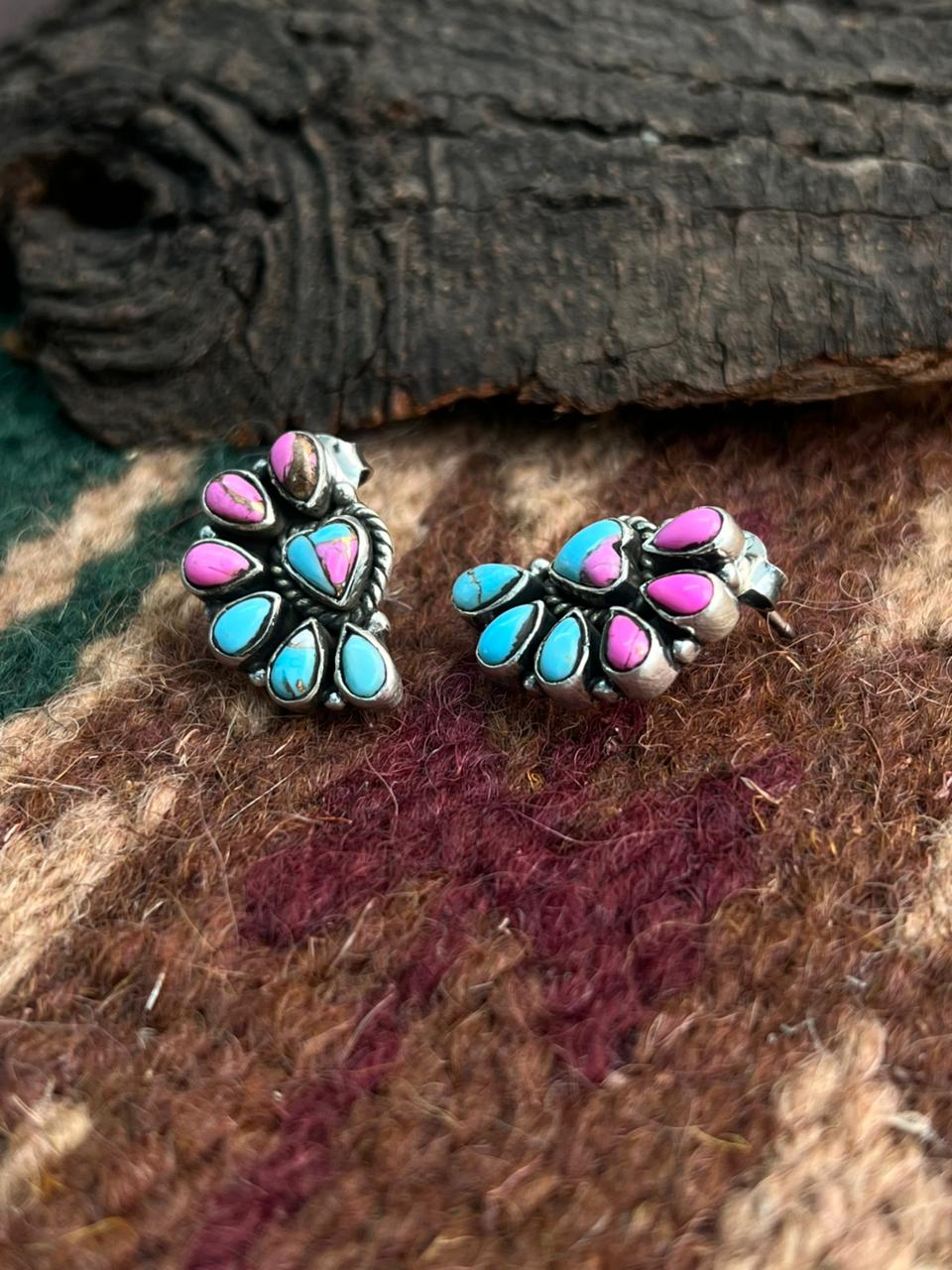 "Heart Collection" Handmade Sterling Silver Cotton Candy Post Studs Earrings "Signed Nizhoni"