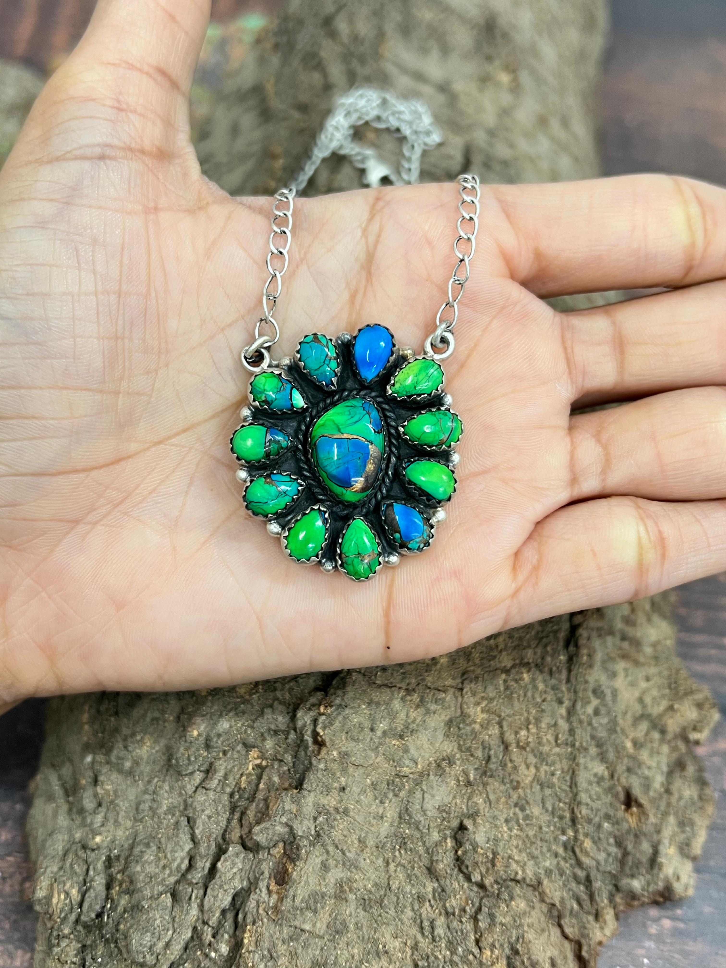 Handmade Sterling Silver Peacock Dahlia Necklace with Signed Nizhoni