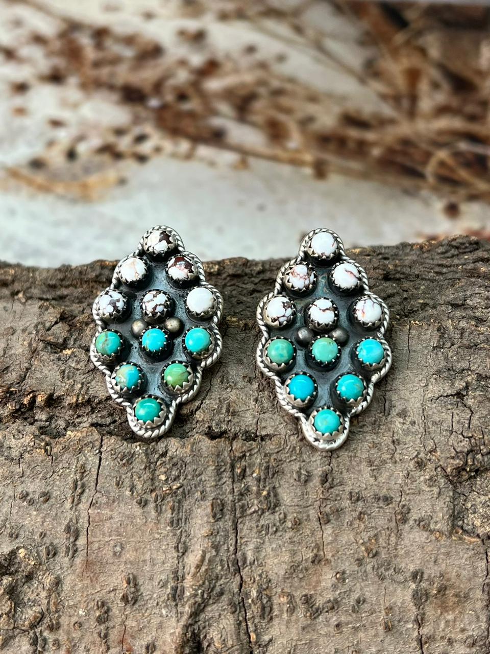 Handmade Sterling Silver Kingman with Wildhorse Post Studs Earrings "Signed Nizhoni"