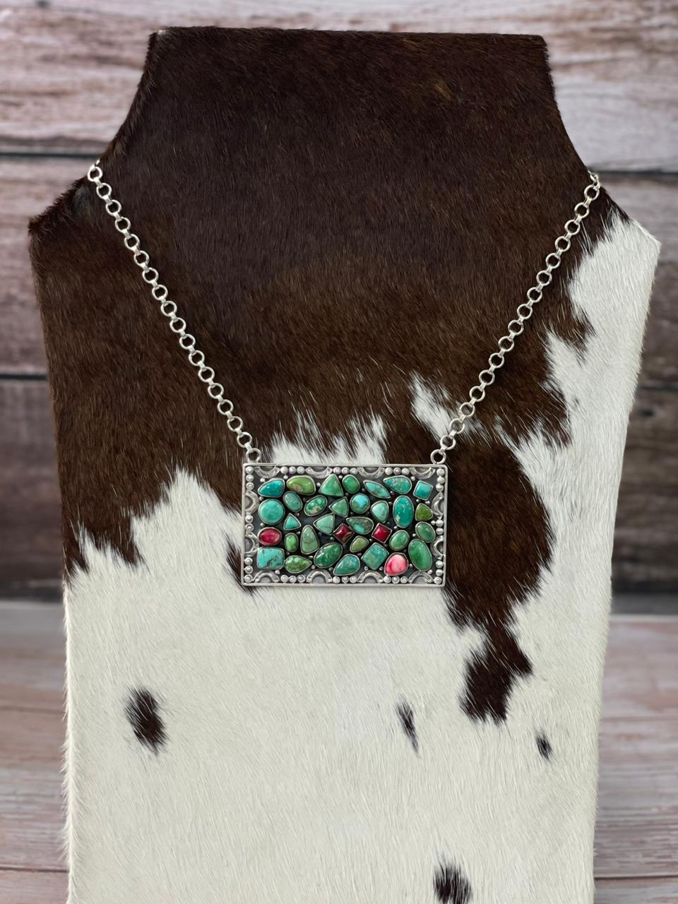 Handmade Sterling Silver Dahlia Rose with Emerald Valley Turquoise Necklace "Signed Nizhoni"