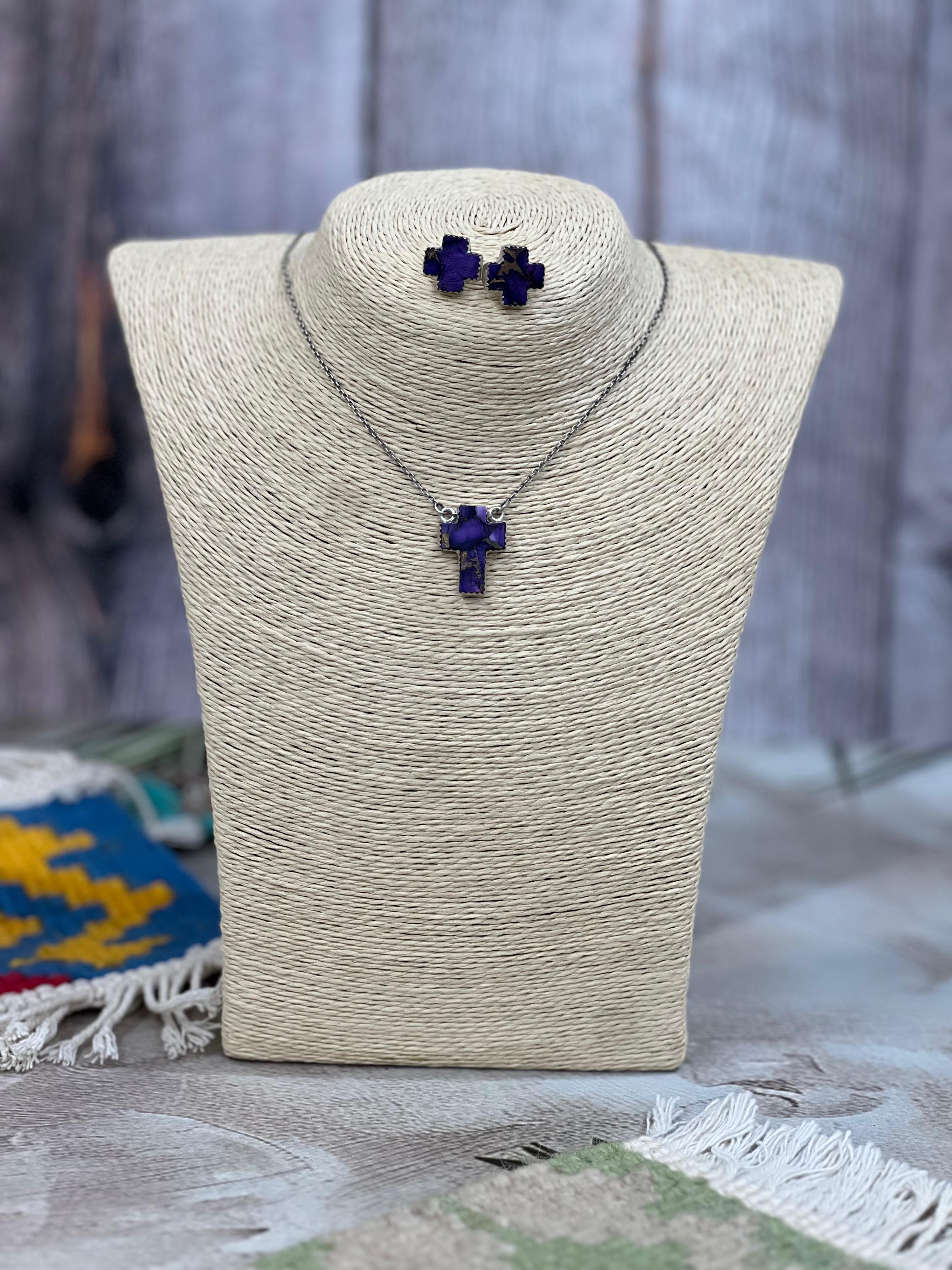 Handmade Sterling Silver Grape Dahlia Cross Necklace Earrings Set, Signed Nizhoni