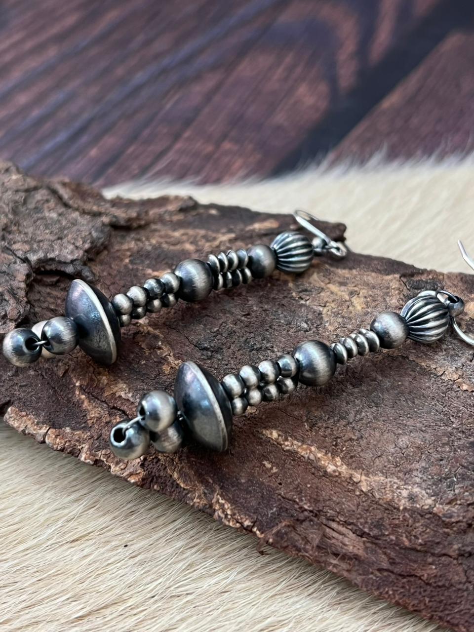 Handmade Sterling Silver Beaded Dangle Hook Earrings "Signed Nizhoni"