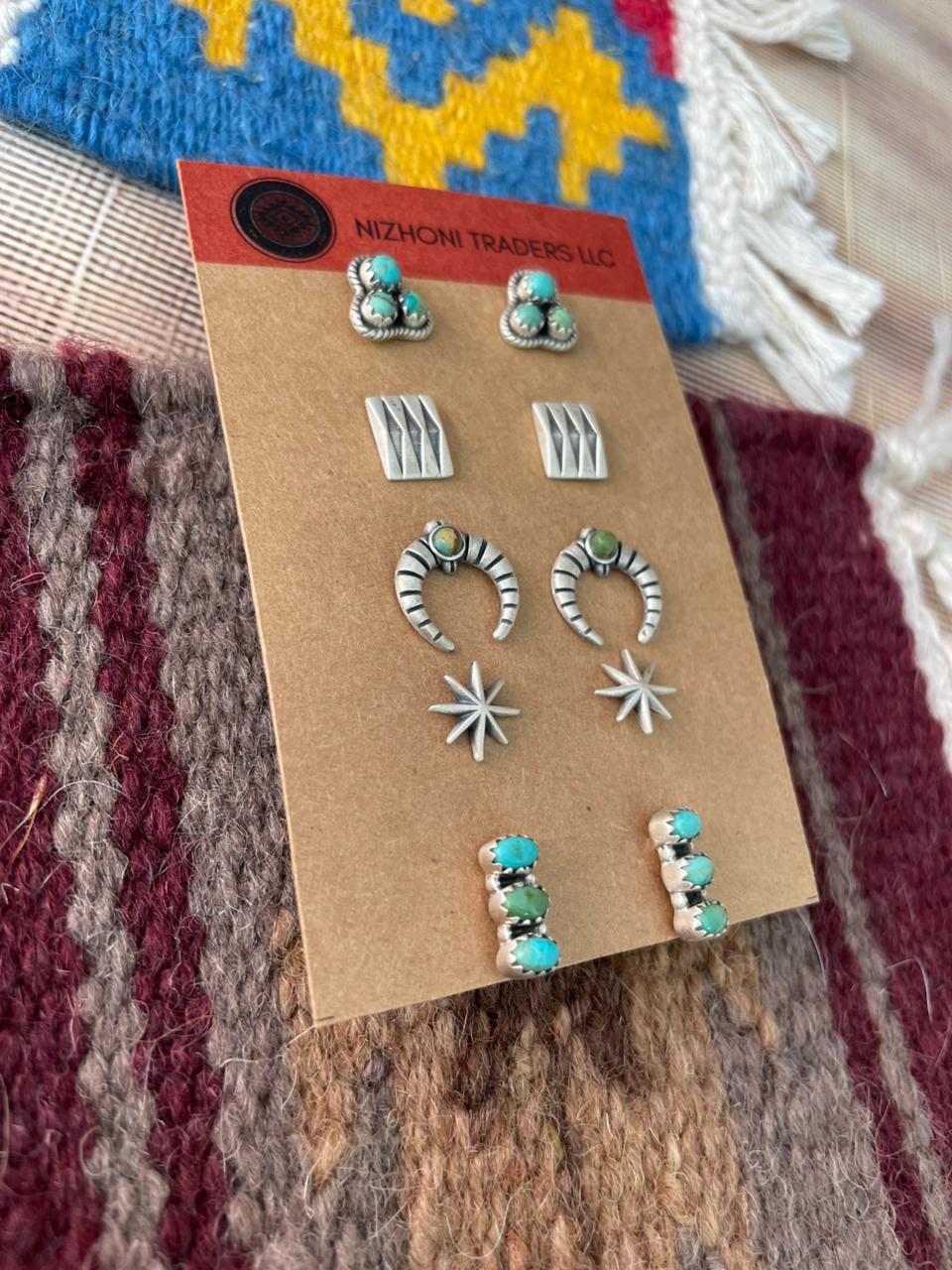 Handmade Sterling Silver Kingman Turquoise Post Studs Earrings Set