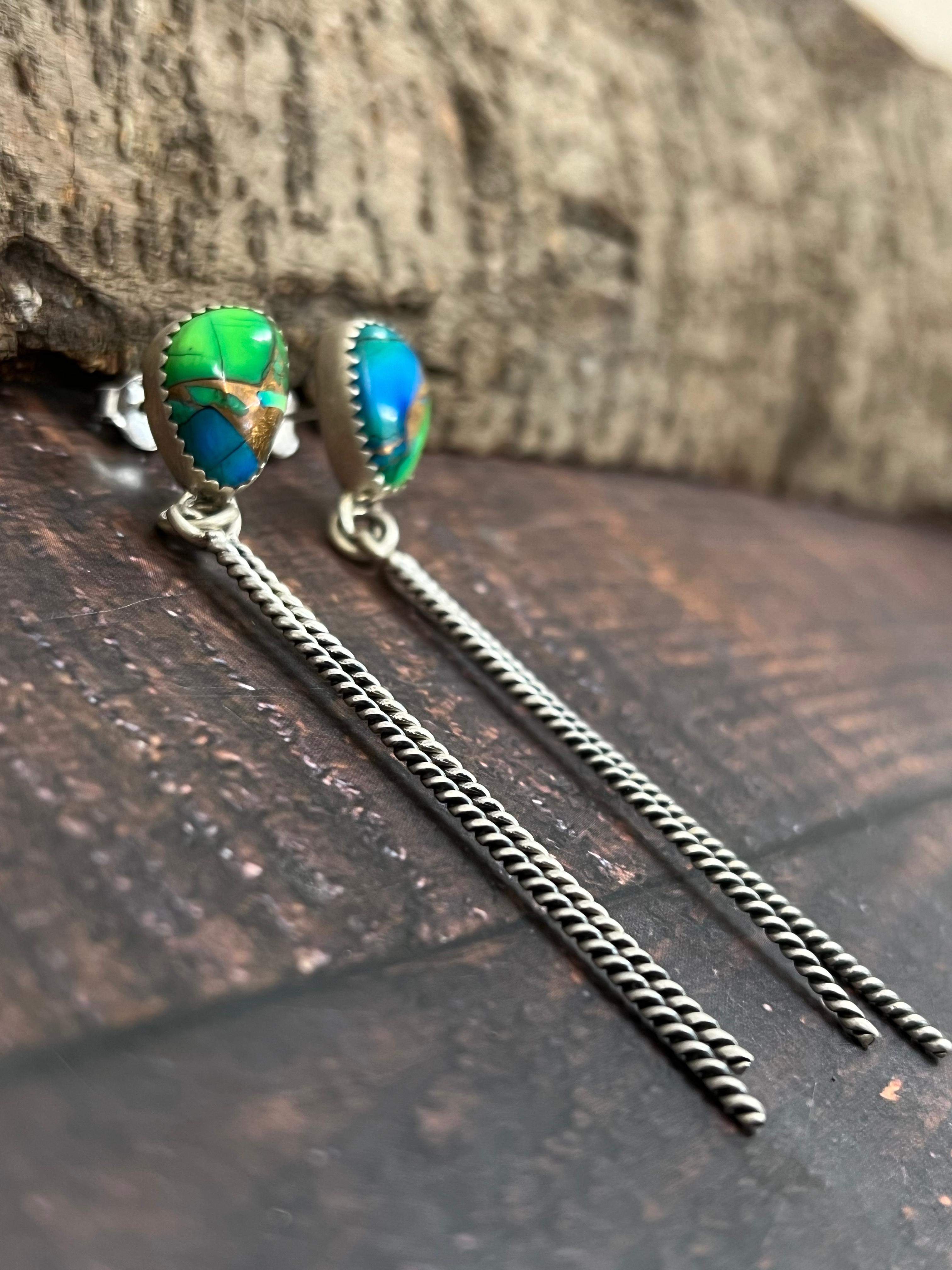 Handmade Sterling Silver Peacock Dahlia Post Earrings with Signed Nizhoni