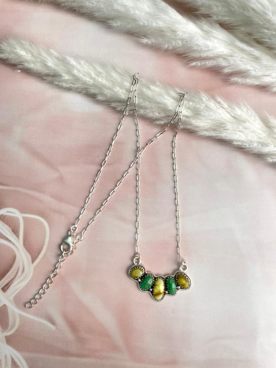 Handmade Sterling Silver Emerald Valley with Palomino Turquoise Necklace "Signed Nizhoni"