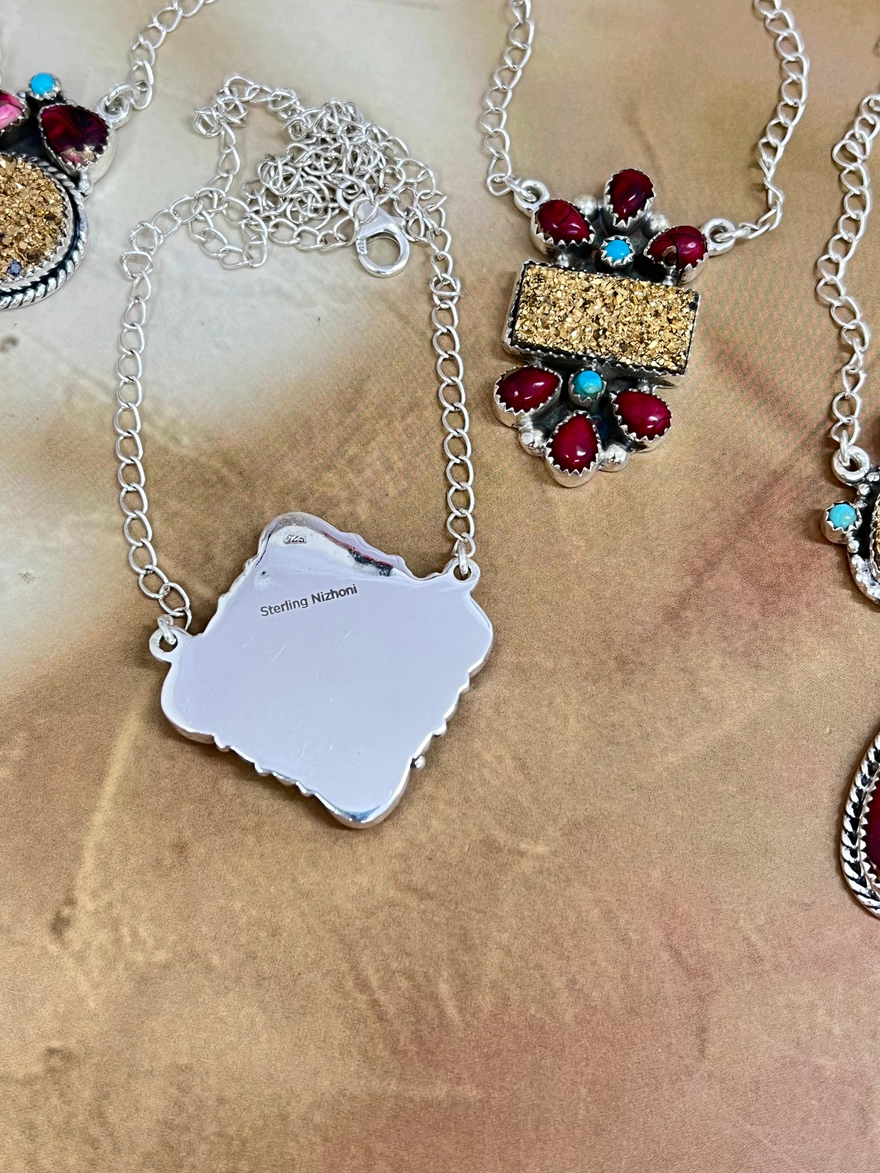 Handmade Sterling Silver Dahlia Rose with Druzy & Kingman Necklace, Signed Nizhoni