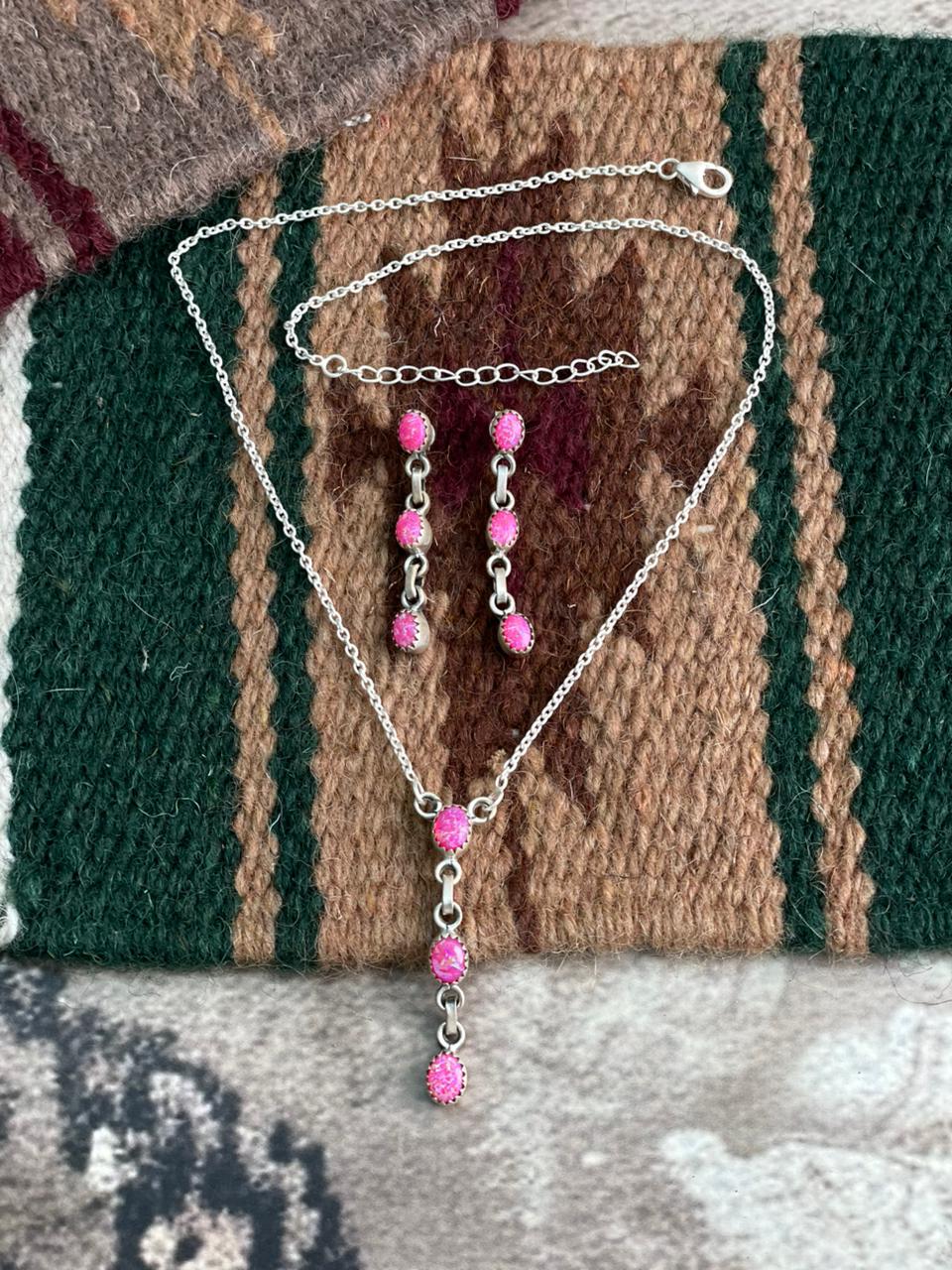 Handmade Sterling Silver Hot Pink Necklace Earrings Set "Signed Nizhoni"