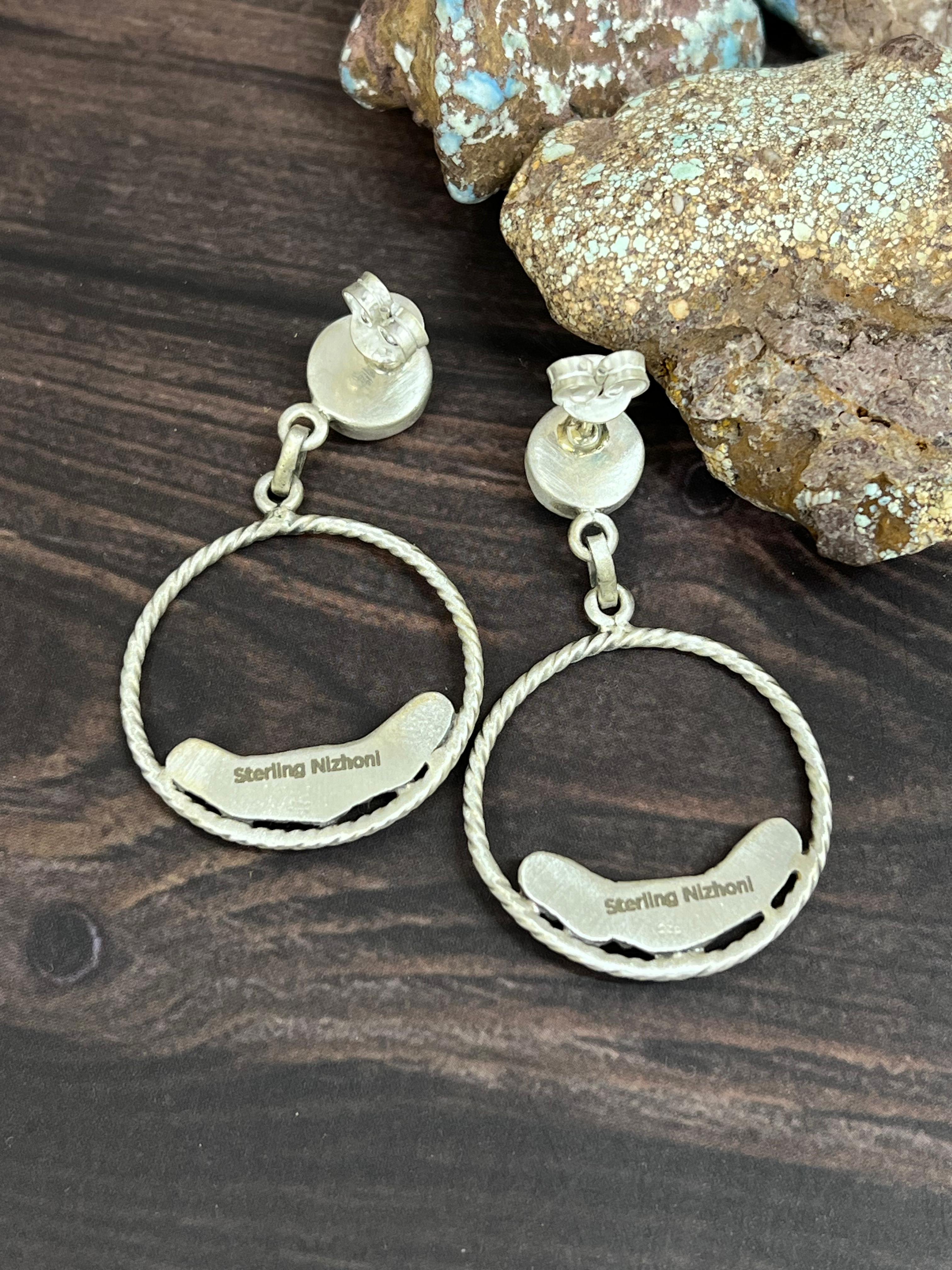 Handmade Sterling Silver Golden Hills Turquoise Post Hoop Earrings with Signed Nizhoni