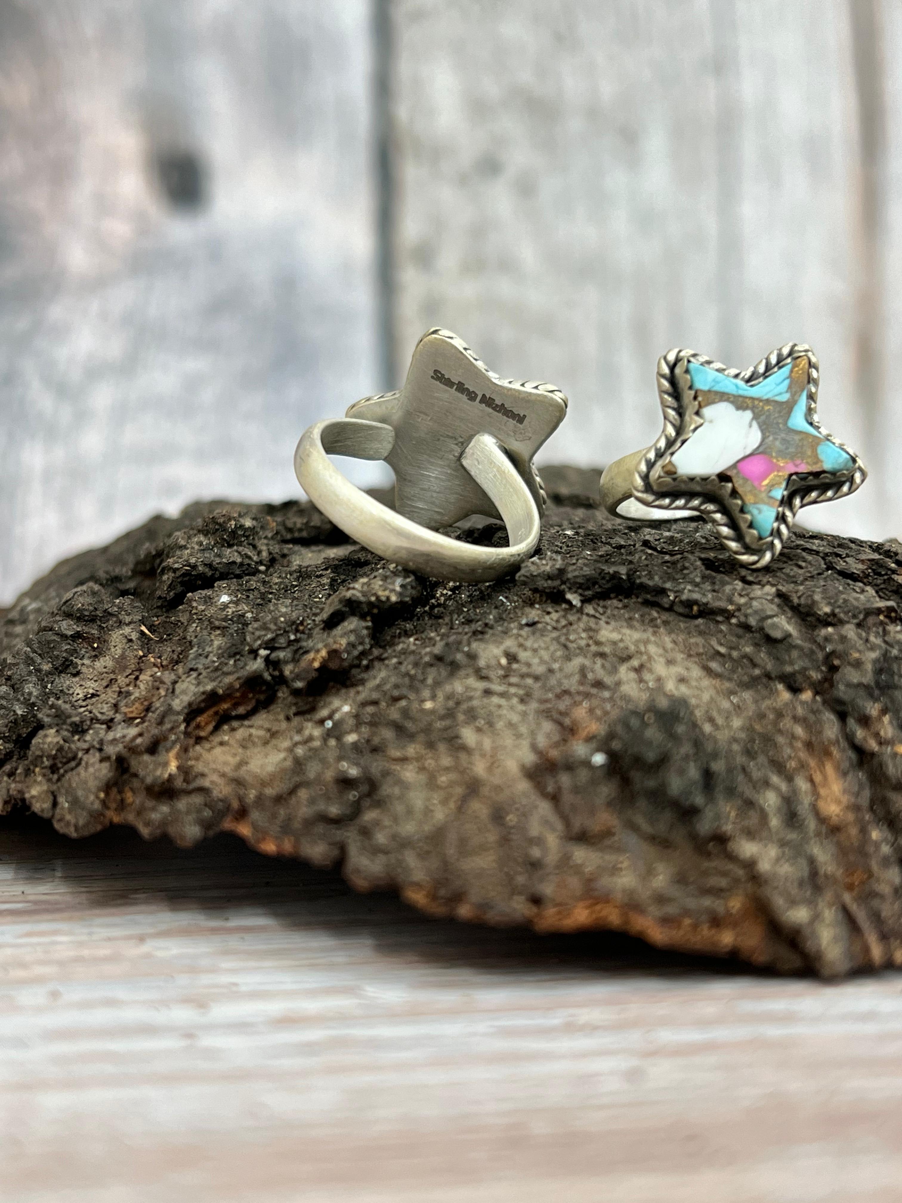 Handmade Sterling Silver Dahlia Rose, Cotton Candy Turquoise Adjustable Ring with Signed Nizhoni (2)