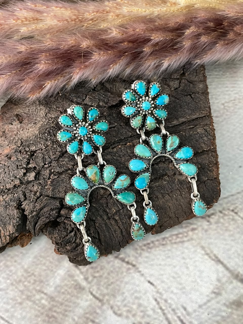Handmade Sterling Silver Kingman Turquoise Post Dangle Earrings Signed Nizhoni