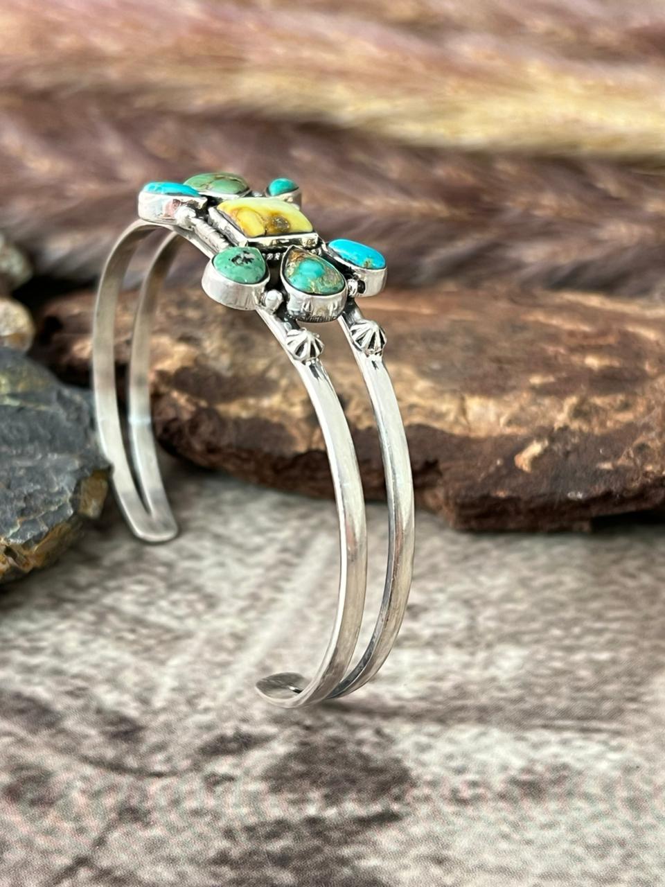 Handmade Sterling Silver Palomino with Emerlad Valley Turquoise Bracelet "Signed Nizhoni"