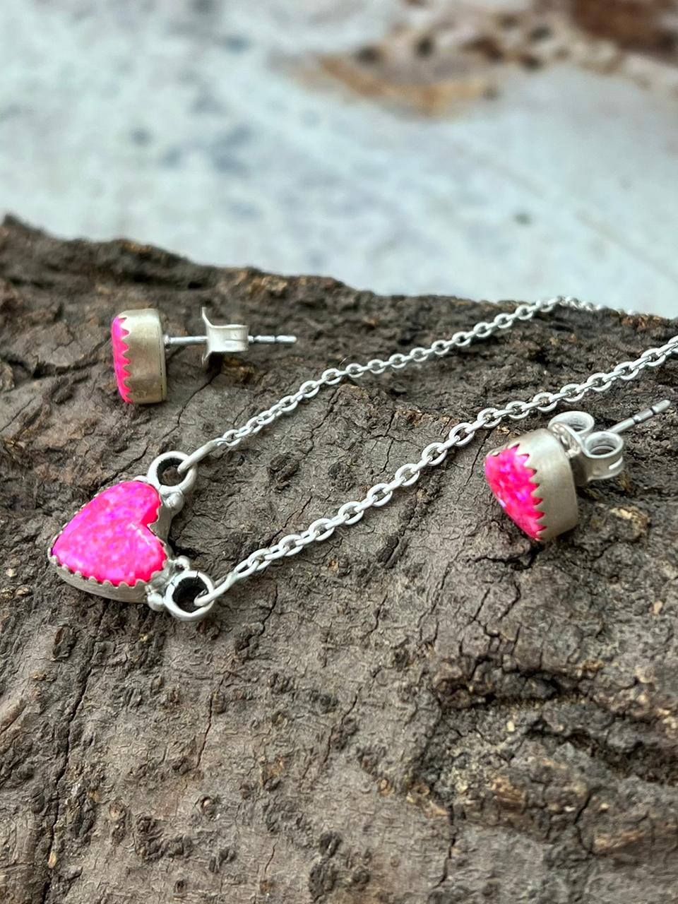 Handmade Sterling Silver Hot Pink Heart Necklace Earrings Set "Signed Nizhoni"