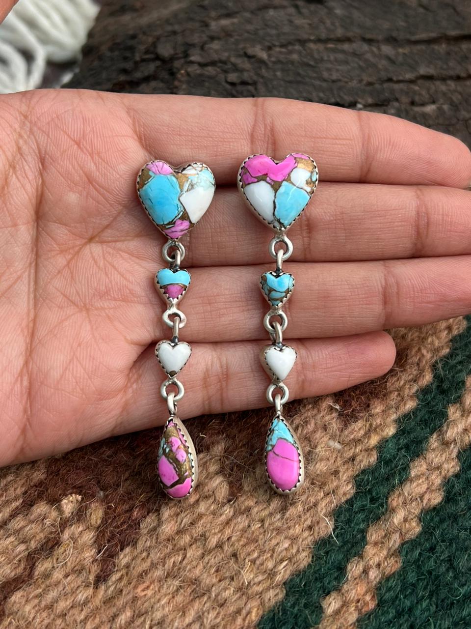 "Heart Collection" Handmade Sterling Silver Cotton Candy Post Dangle Earrings "Signed Nizhoni"