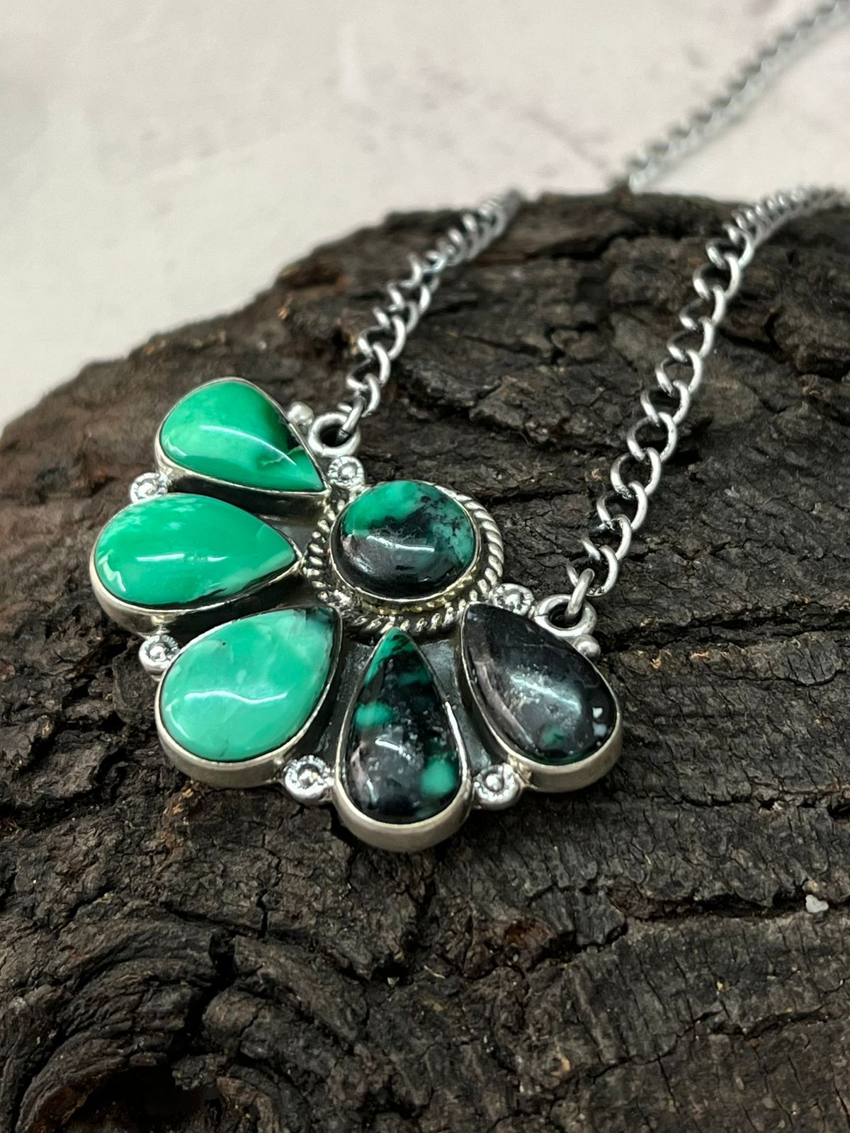 Handmade Sterling Silver Emerald Rose Necklace "Signed Nizhoni"