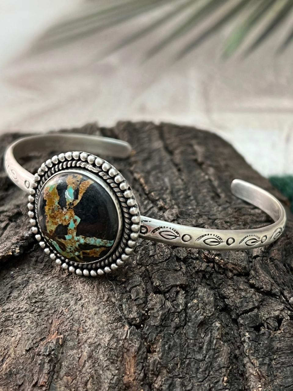 Handmade Sterling Silver Blackjack Turquoise Cuff Bracelet "Signed Nizhoni"
