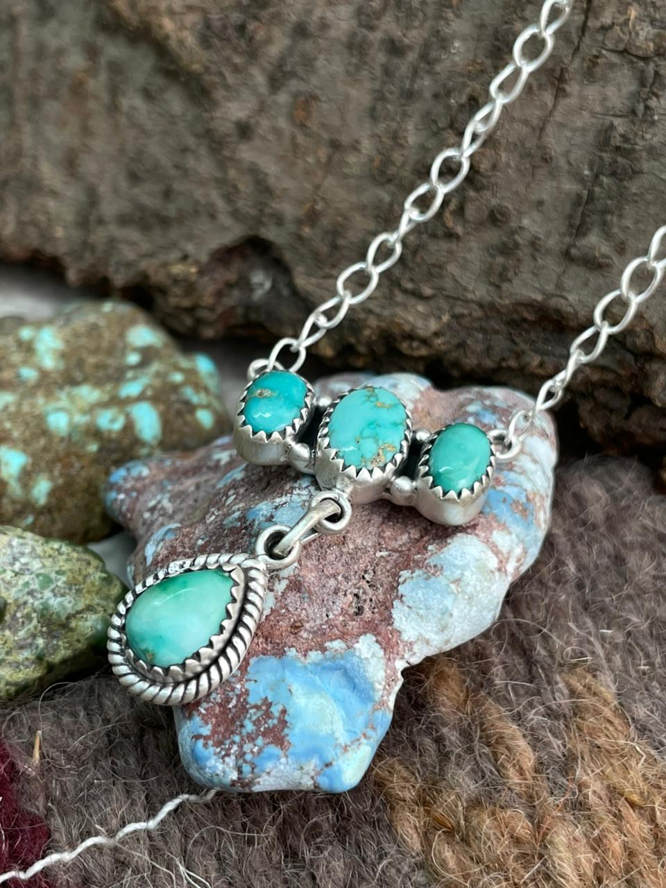 Handmade Sterling Silver Emerald Valley Turquoise Necklace "Signed Nizhoni"