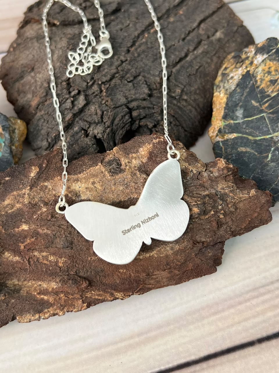 Handmade Sterling Silver Kingman Turquoise Butterfly Necklace Signed Nizhoni