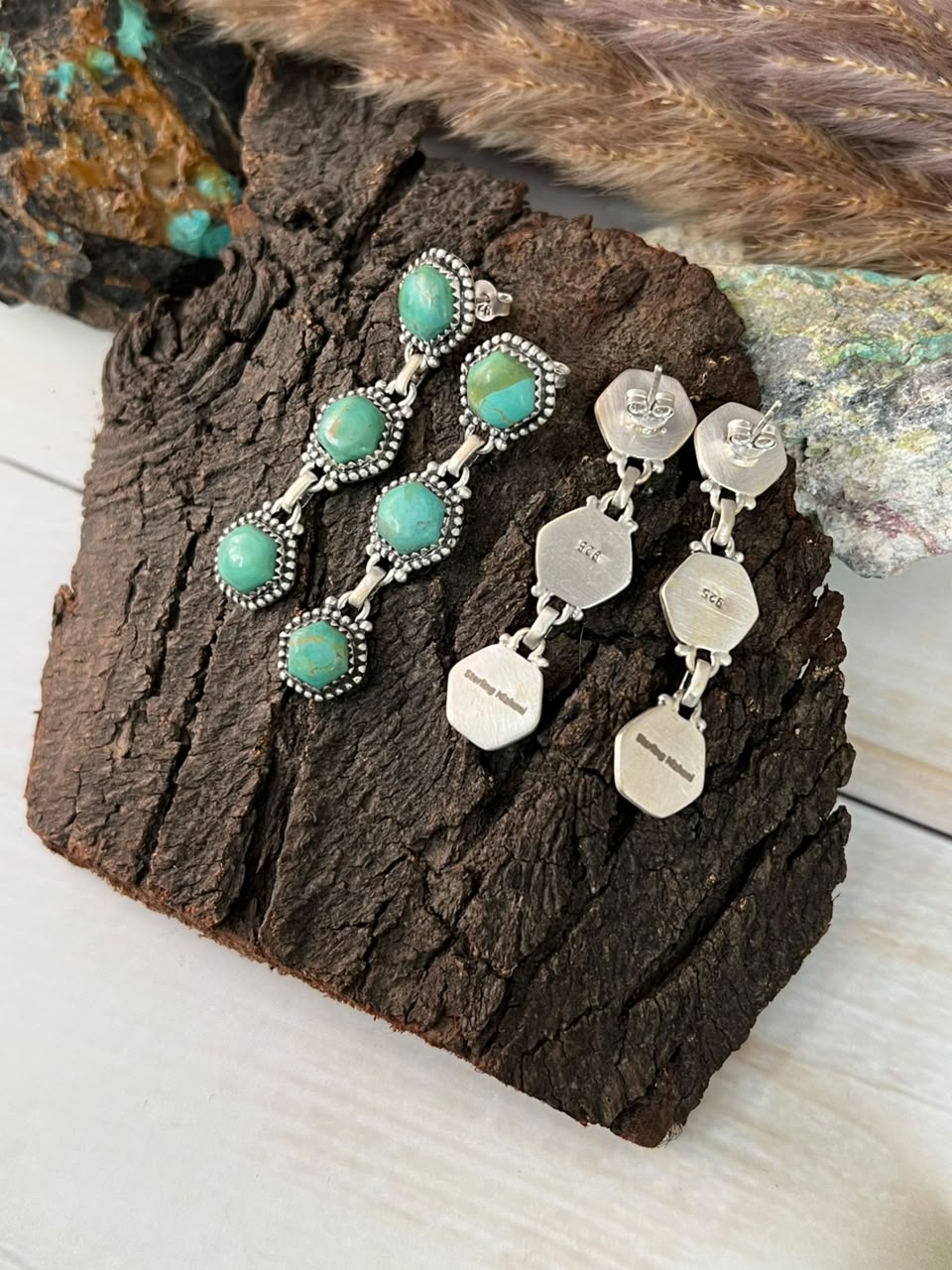 Handmade Sterling Silver Kingman Turquoise and White Buffalo Post Dangle Earrings Signed Nizhoni