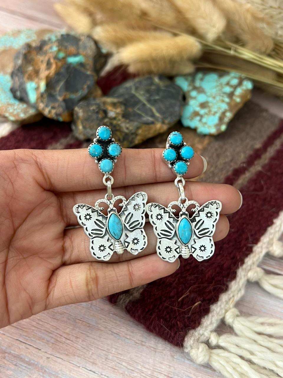 Handmade Sterling Silver Blue Turquoise Post Dangle Butterfly Earrings "Signed Nizhoni"