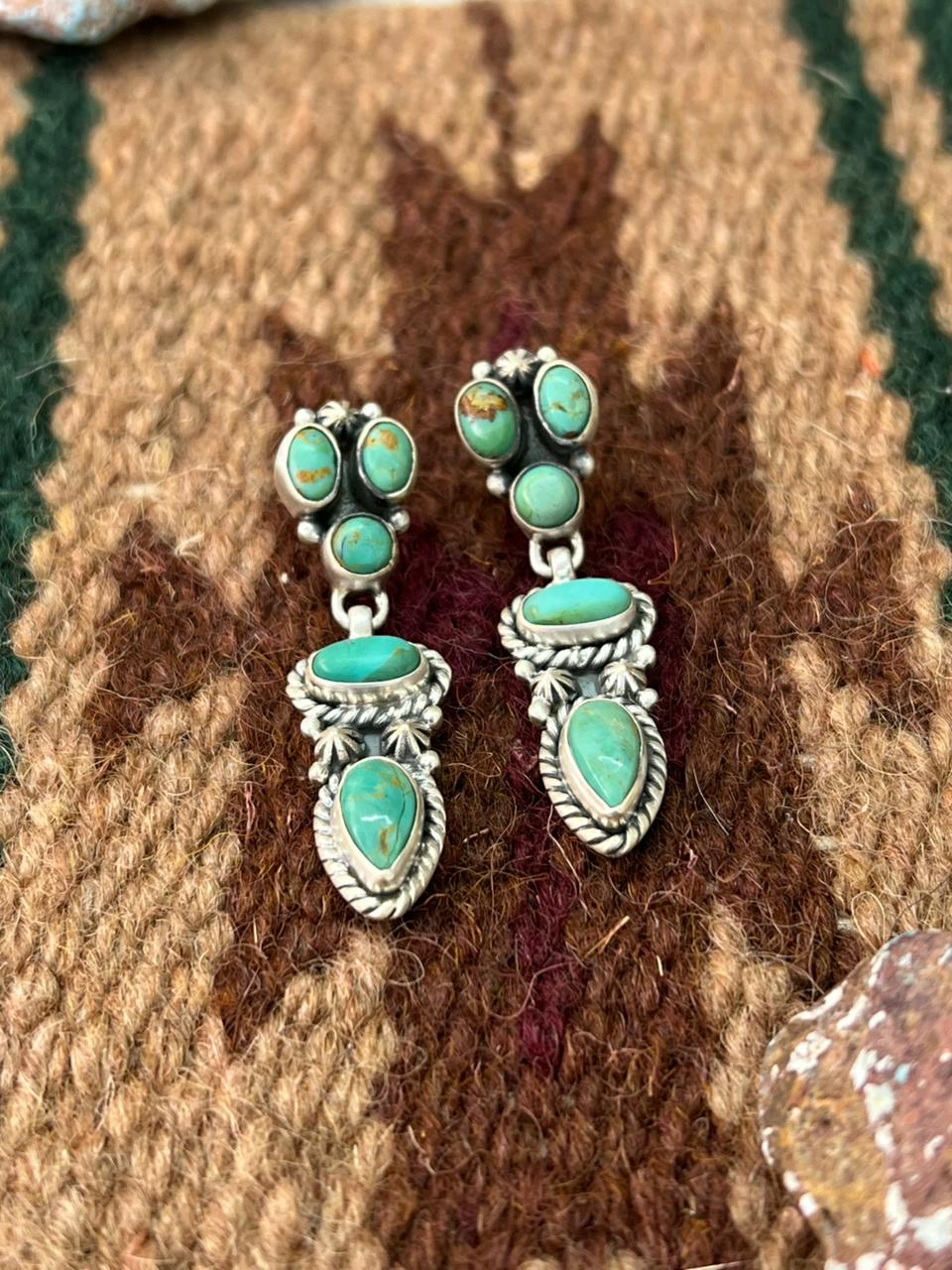 Handmade Sterling Silver Kingman Turquoise Post Dangle Earrings with Signed Nizhoni