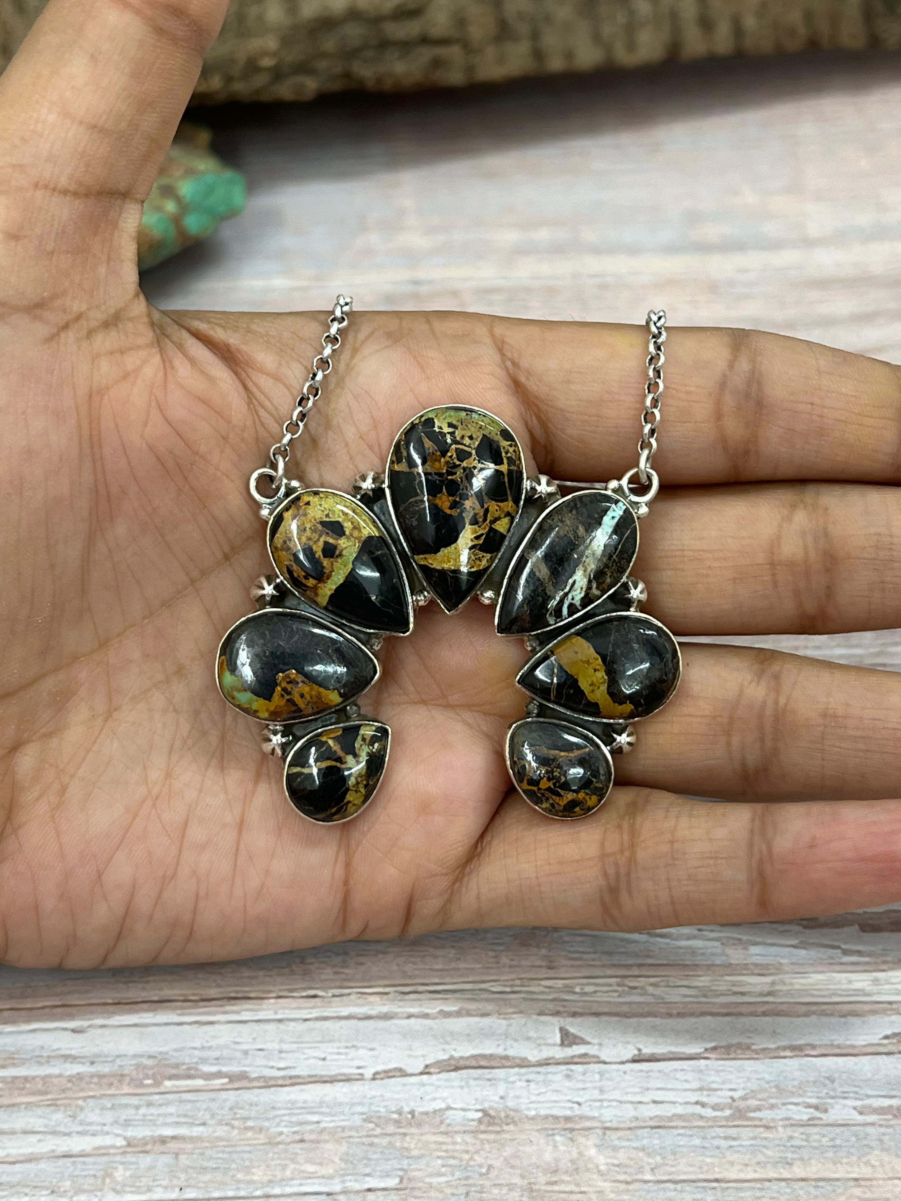 Handmade Sterling Silver Black Jack Naja Necklace with Signed Nizhoni