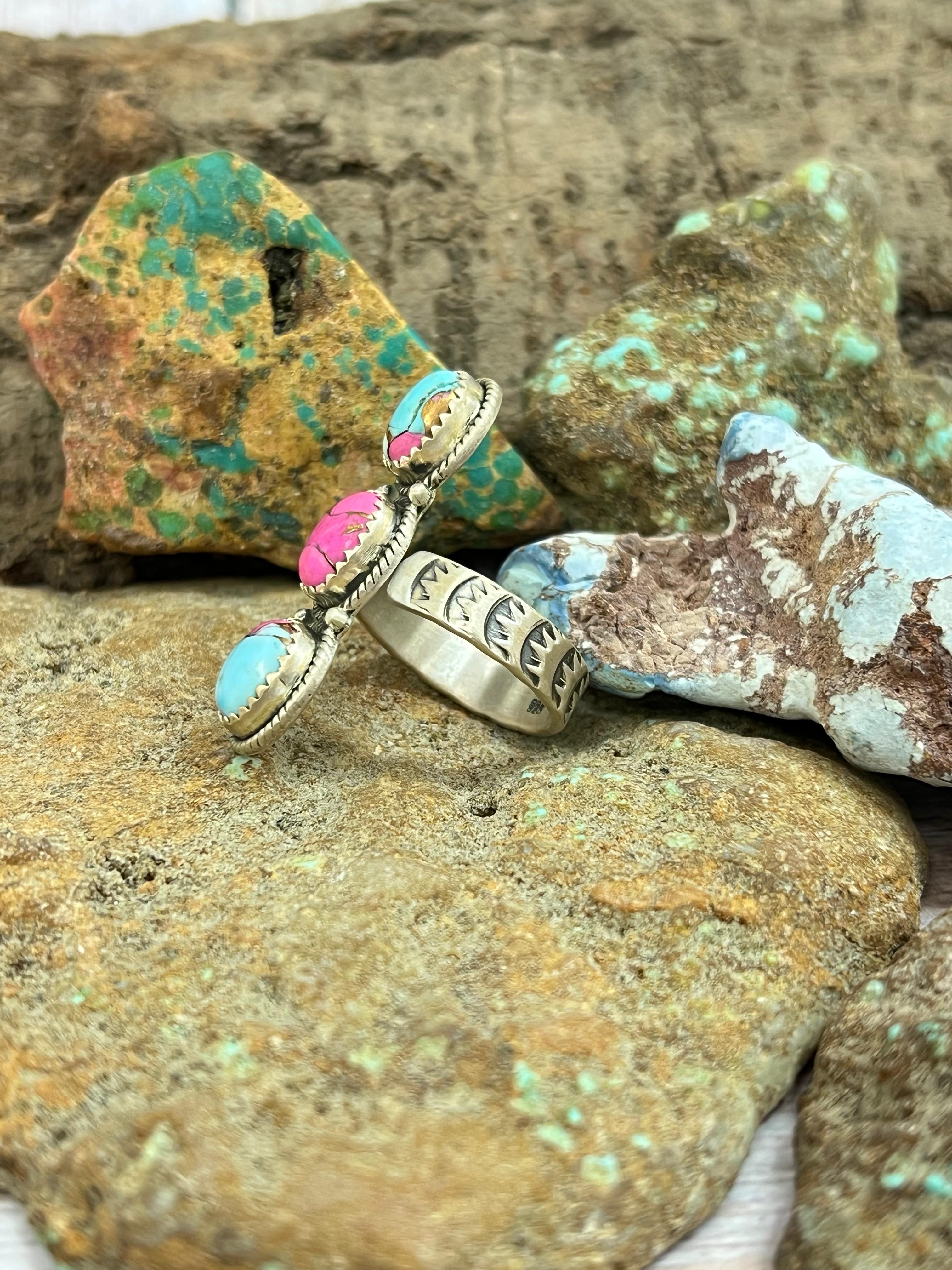 Handmade Sterling Silver Cotton Candy Turquoise Adjustable Ring with Signed Nizhoni