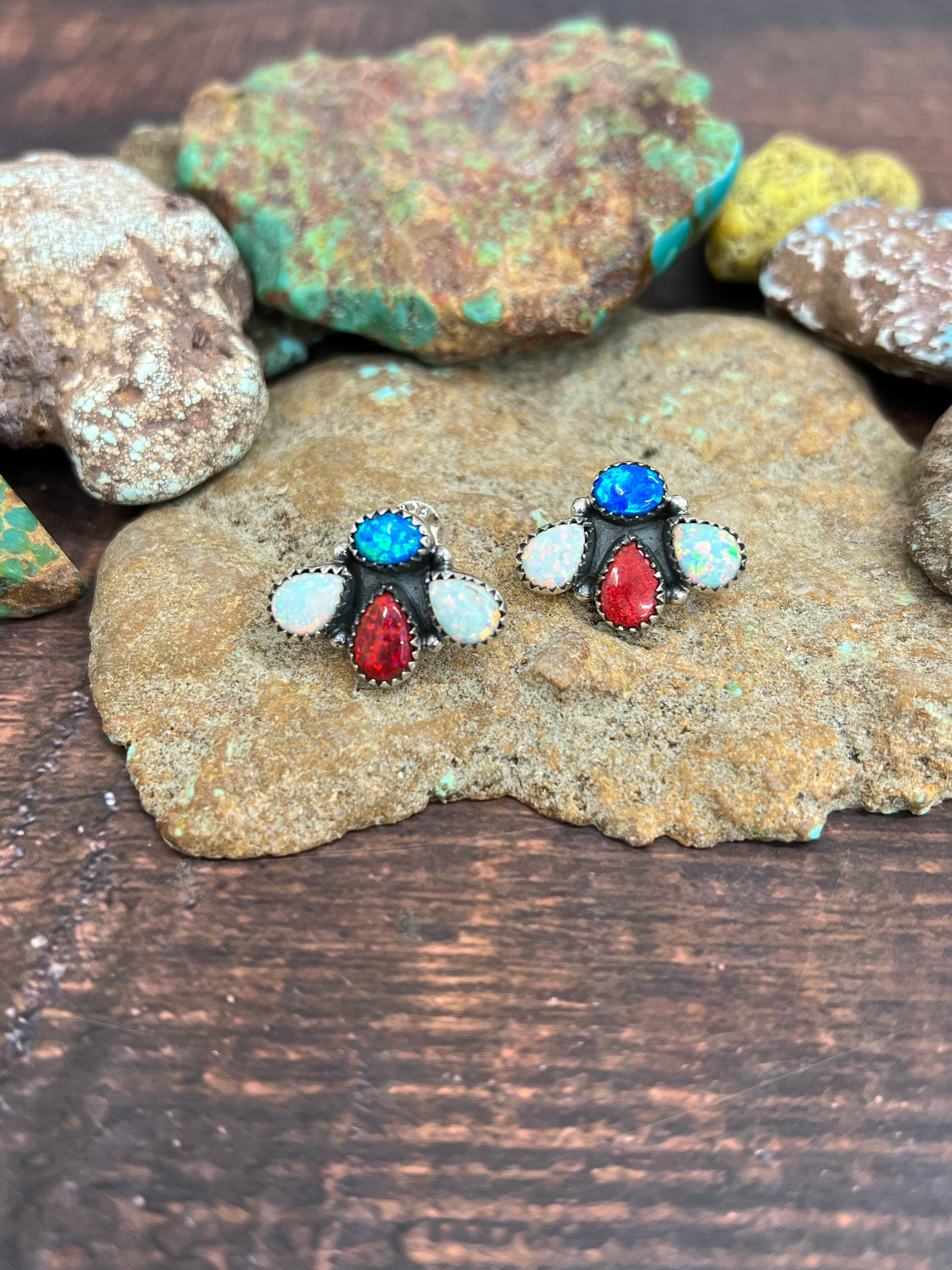 ** 4TH OF JULY ** Handmade Sterling Silver Synthetic Opal Post Earrings with Signed Nizhoni
