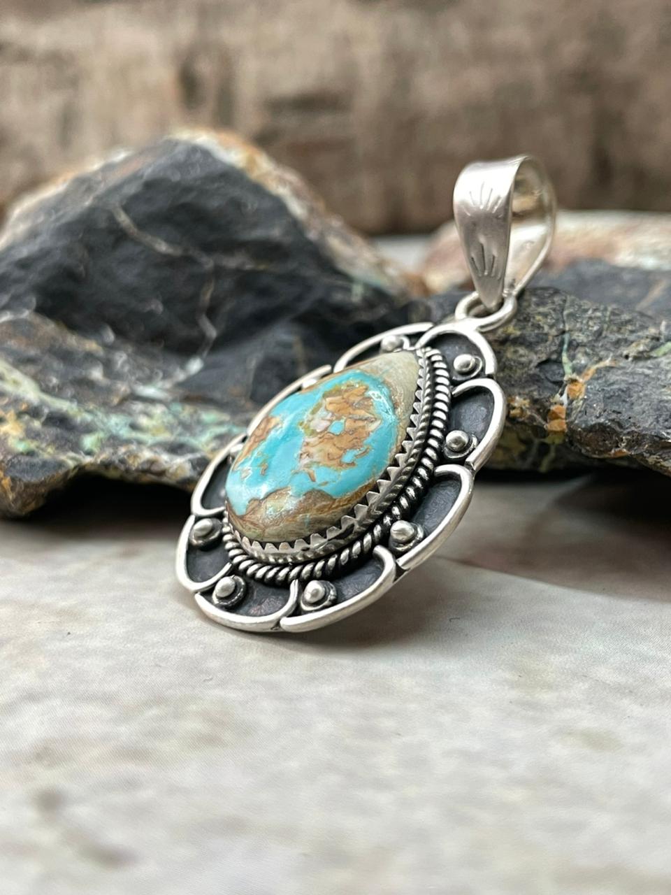 Handmade Sterling Silver Royston Ribbon Turquoise Pendant "Signed Nizhoni"