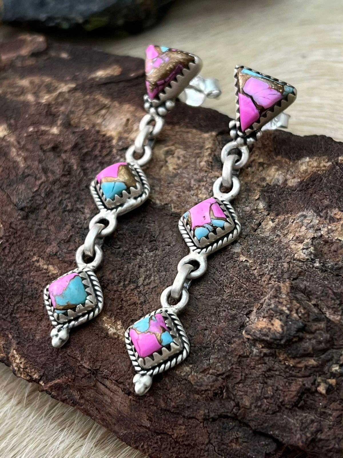 Handmade Sterling Silver Cotton Candy Post Dangle Earrings "Signed Nizhoni"