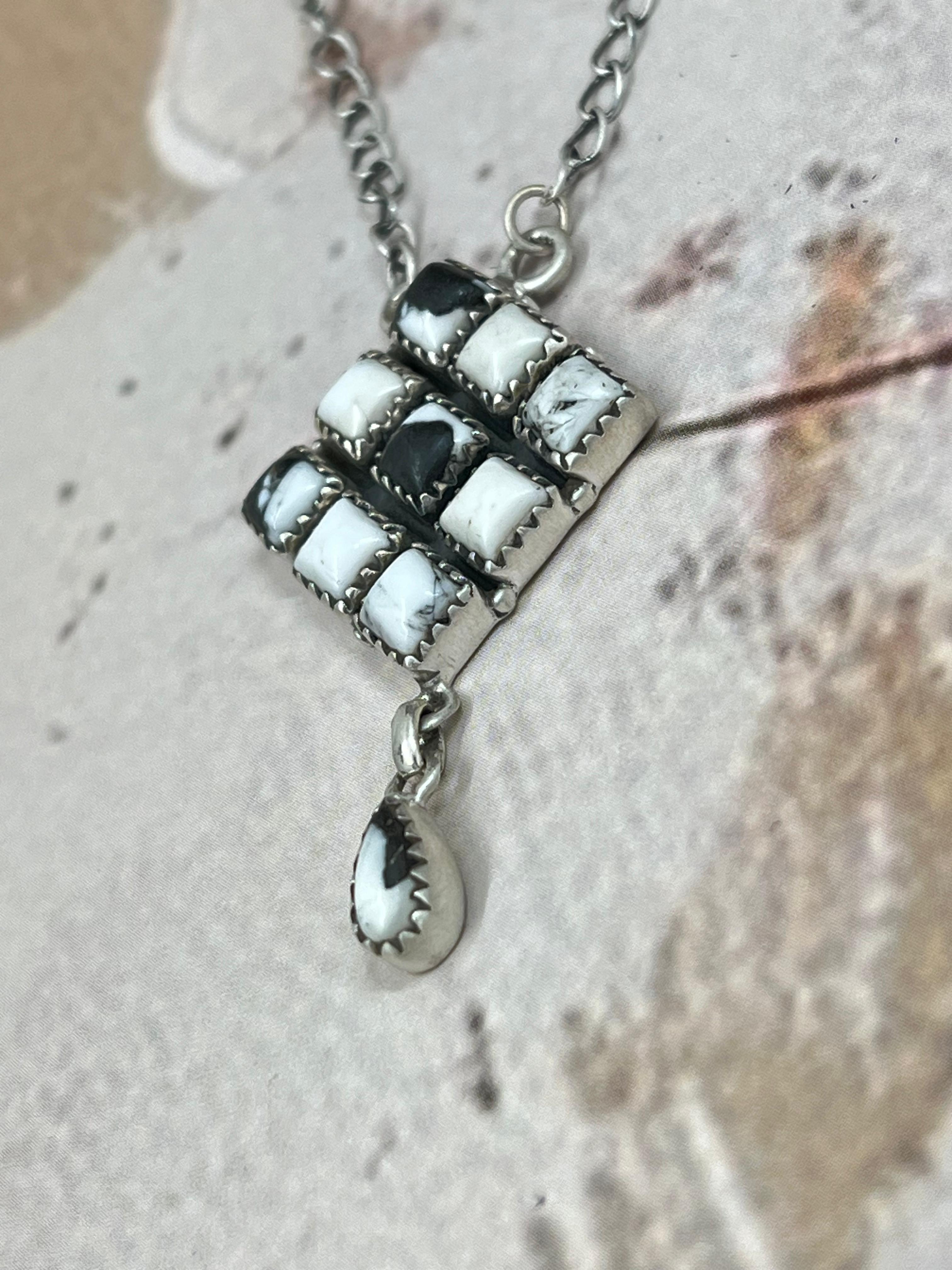 Handmade Sterling Silver White Buffalo Turquoise Necklace with Signed Nizhoni