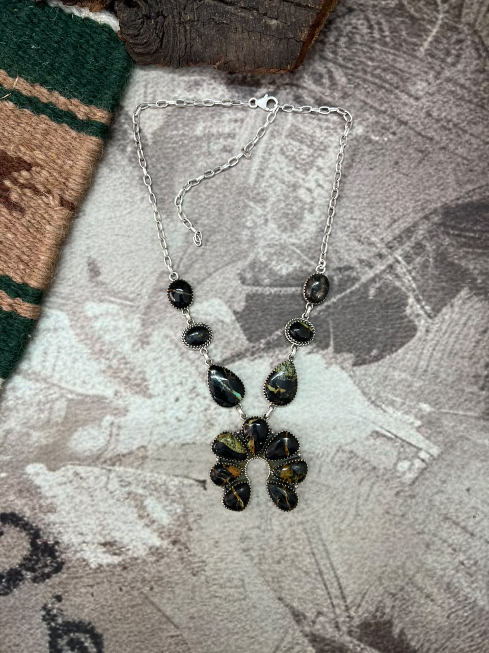Handmade Sterling Silver Blackjack Turquoise Naja Necklace Signed Nizhoni