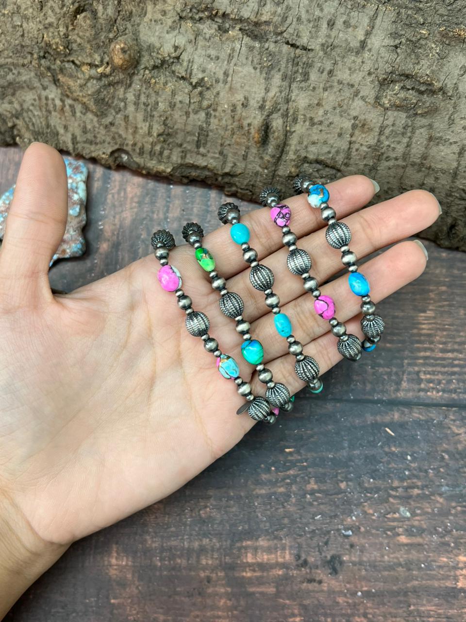 Handmade Sterling Silver Multi Stones Beaded Bracelet