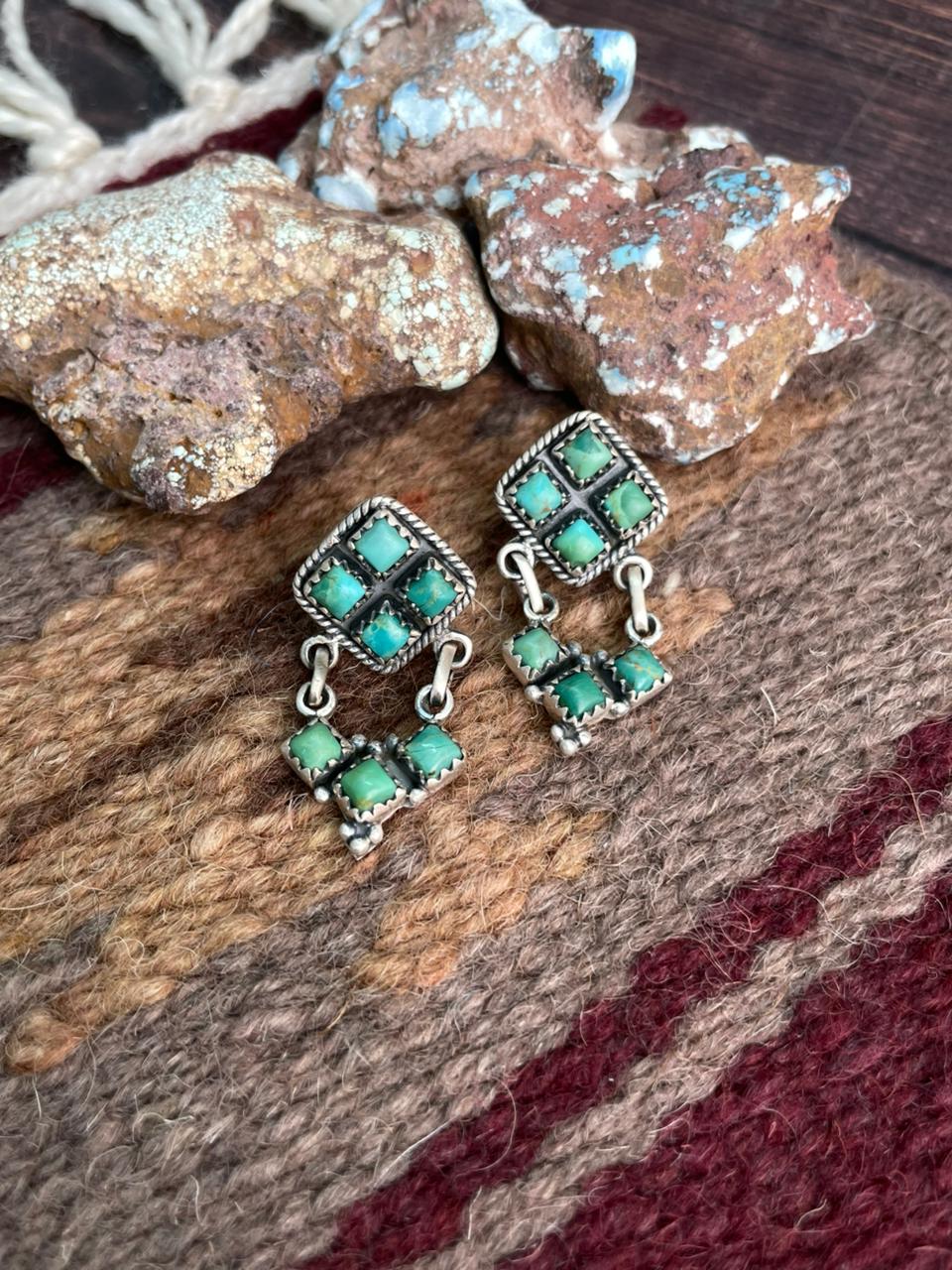 Handmade Sterling Silver Kingman Turquoise Post Dangle Earrings "Signed Nizhoni"