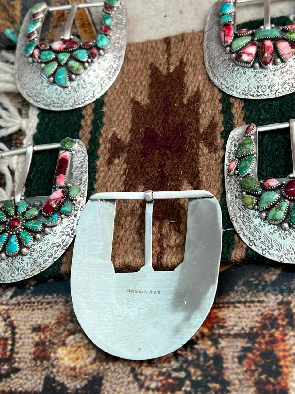 Handmade Sterling Silver Dahlia Rose with Emerald Valley Turquoise Buckle "Signed Nizhoni"