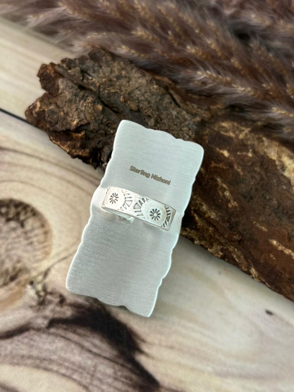Handmade Sterling Silver Cripple Creek with Palomino Turquoise Bar Adjustable Ring Signed Nizhoni