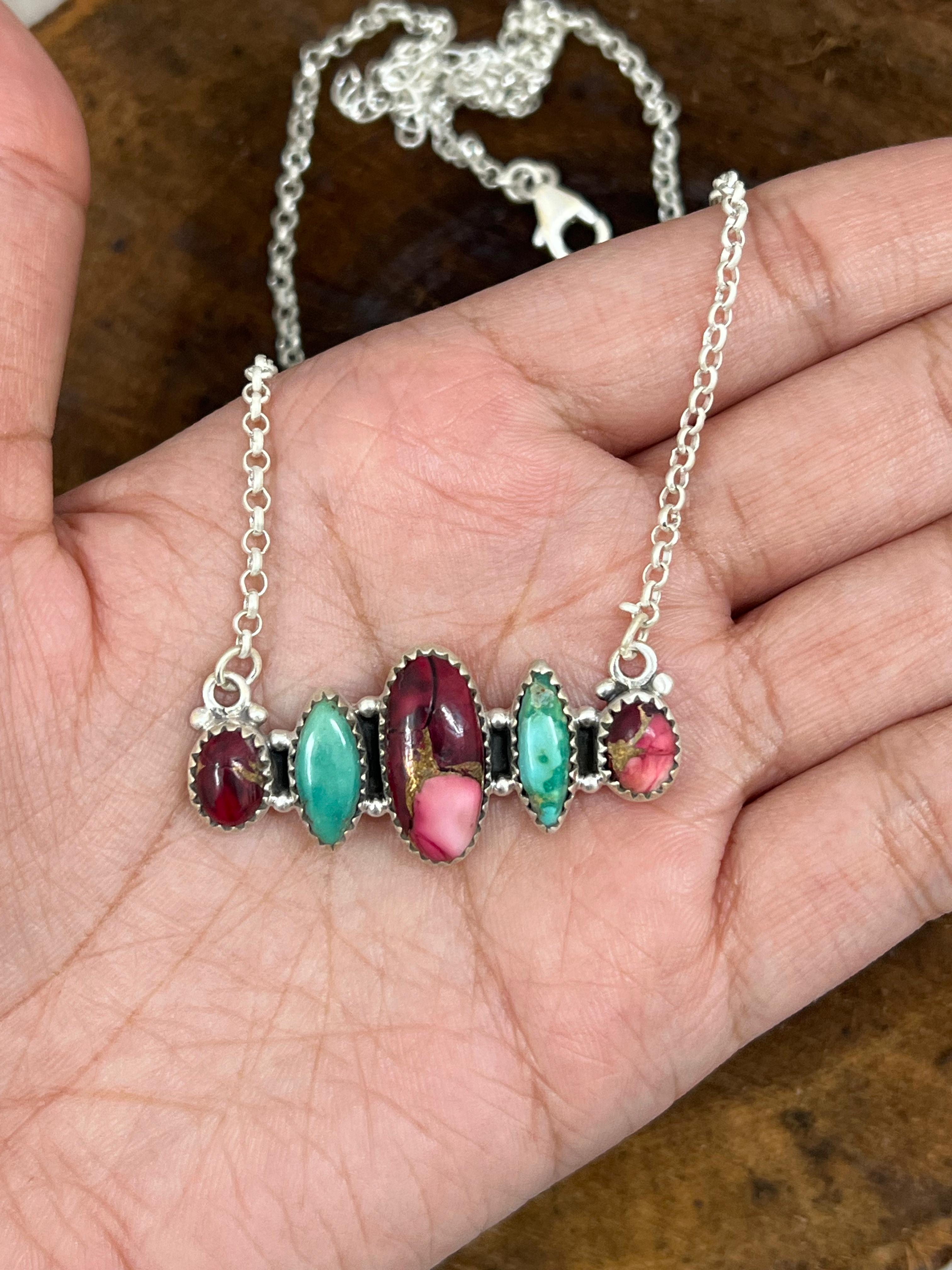 Handmade Sterling Silver Dahlia Rose with Emerald Valley Bar Necklace with Signed Nizhoni