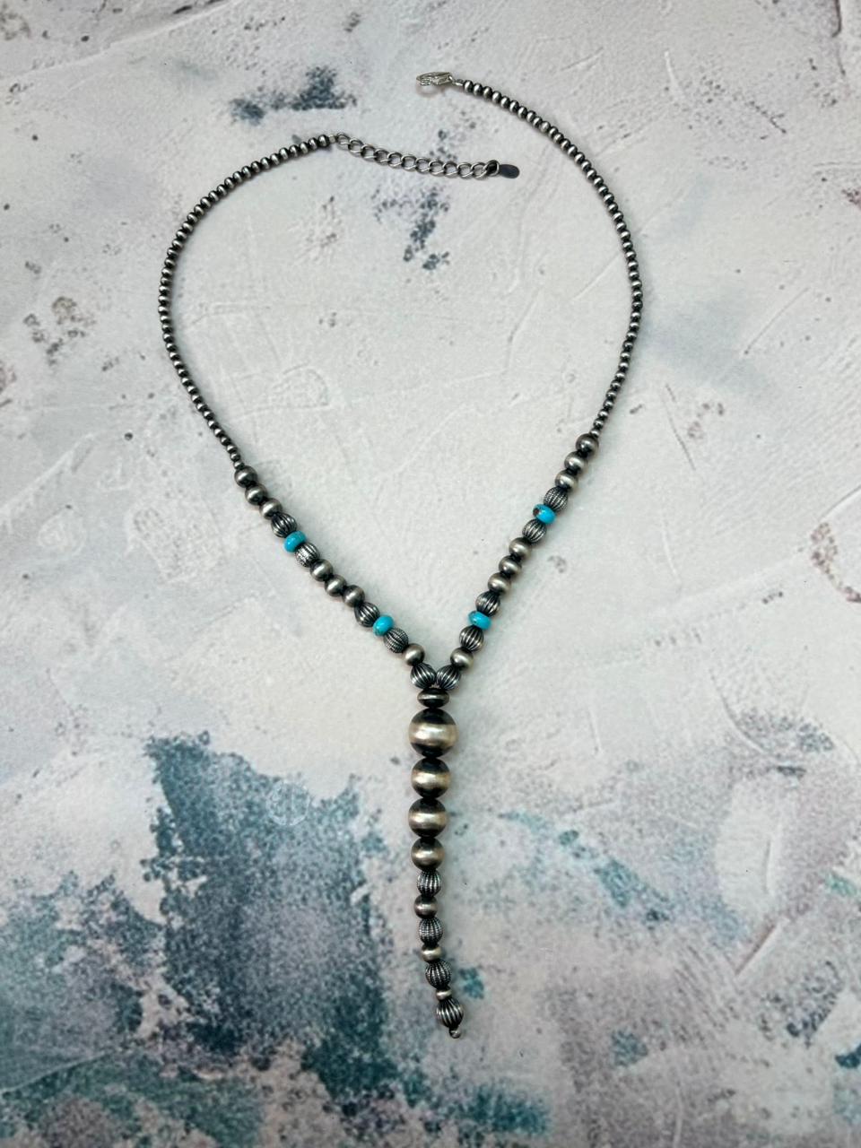 Handmade Sterling Silver Beaded Kingman Turquoise Necklace "Signed Nizhoni"