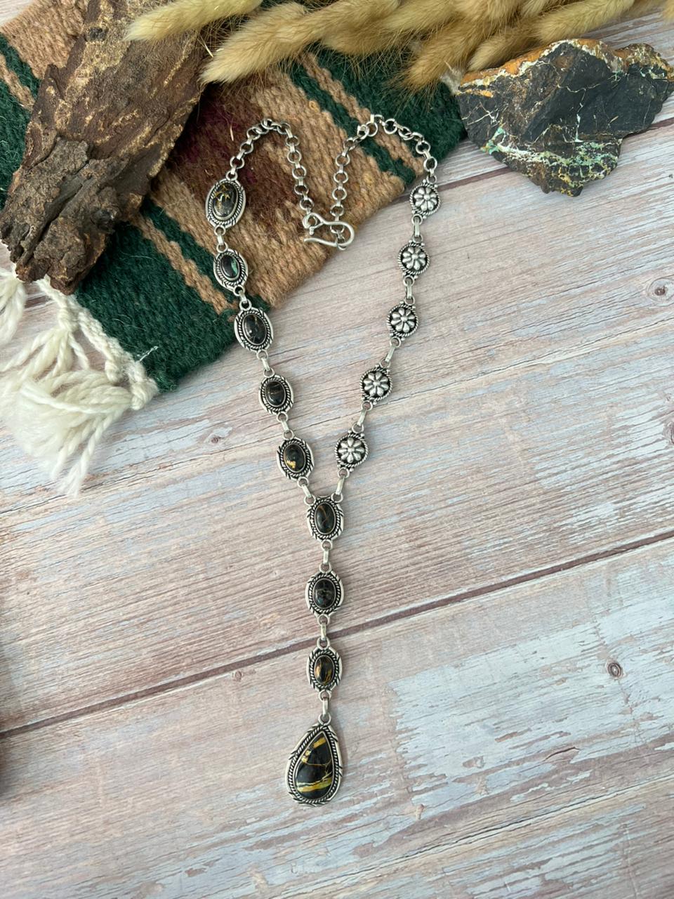 Handmade Sterling Silver Blackjack Turquoise Necklace "Signed Nizhoni"