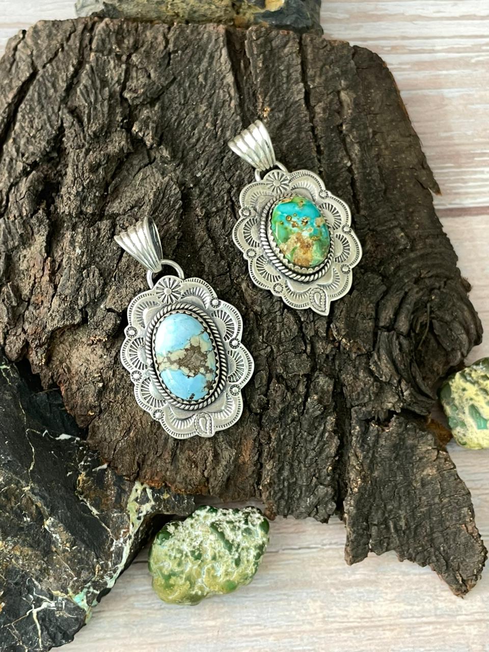 Handmade Sterling Silver Sonoran Mountain Turquoise, Golden Hills Turquoise Pendant " Signed Nizhoni"