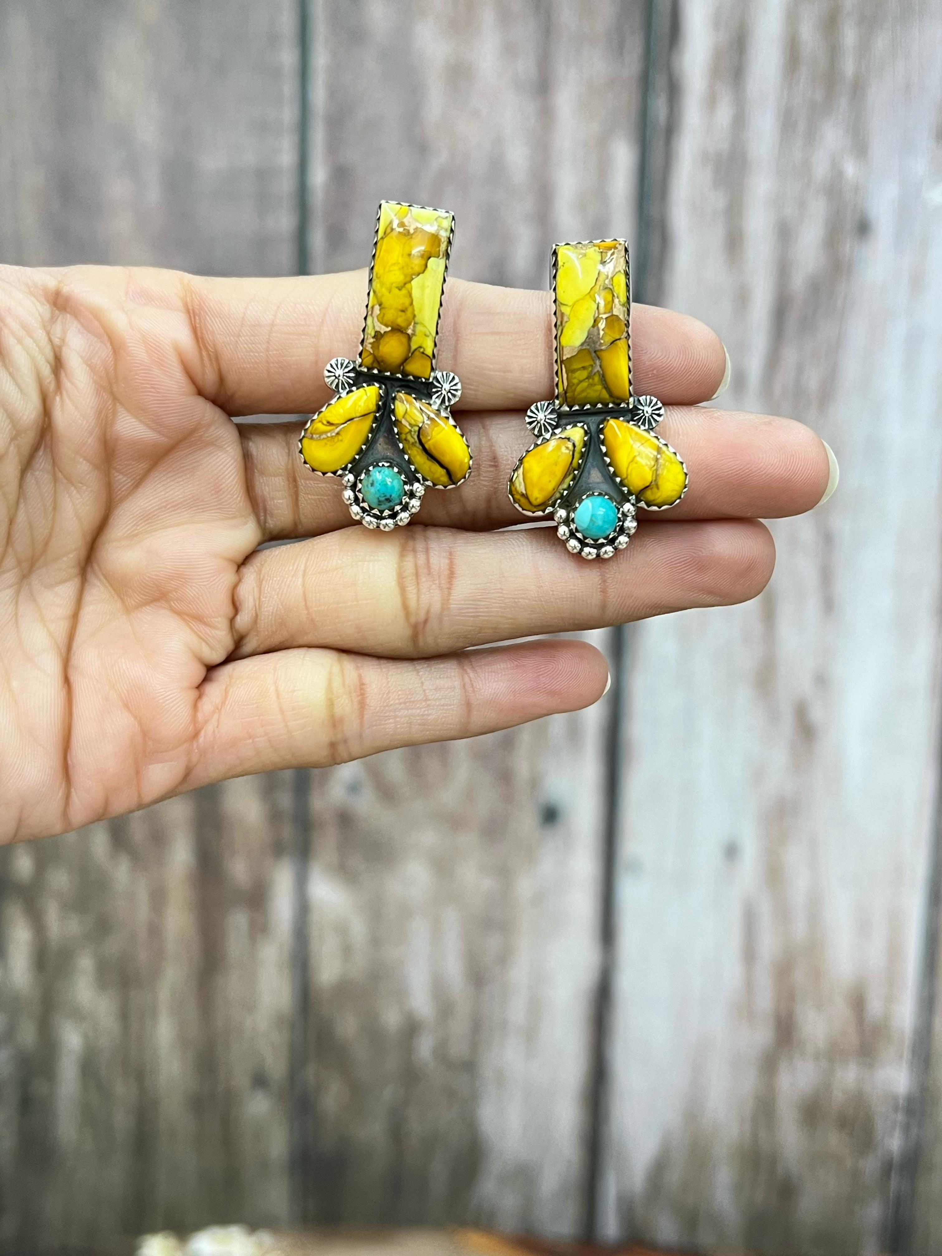 Handmade Sterling Silver Honey Dahlia with Kingman Turquoise Post Earrings with Signed Nizhoni (9)