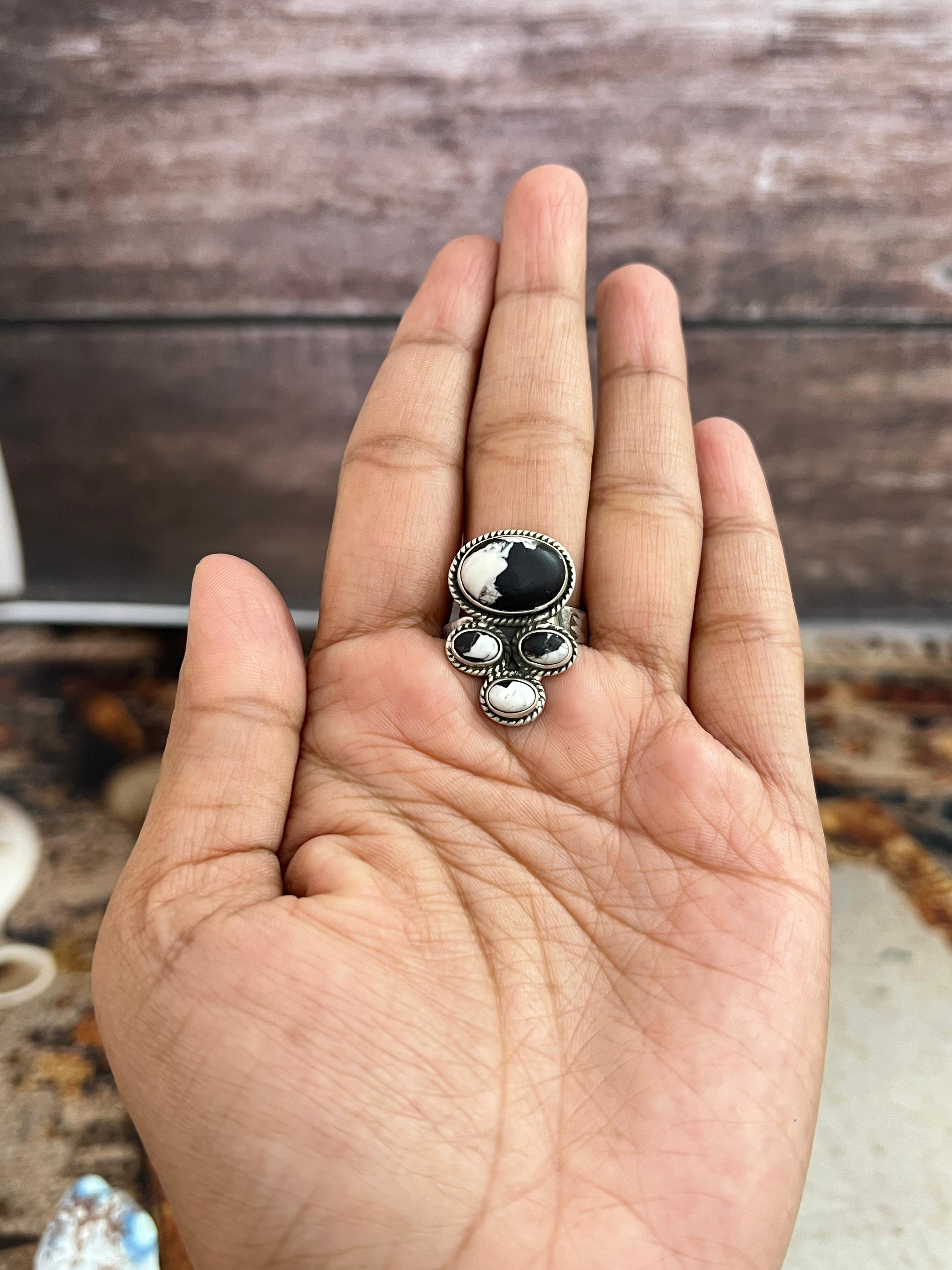 Handmade Sterling Silver White Buffalo Adjustable Ring, Signed Nizhoni