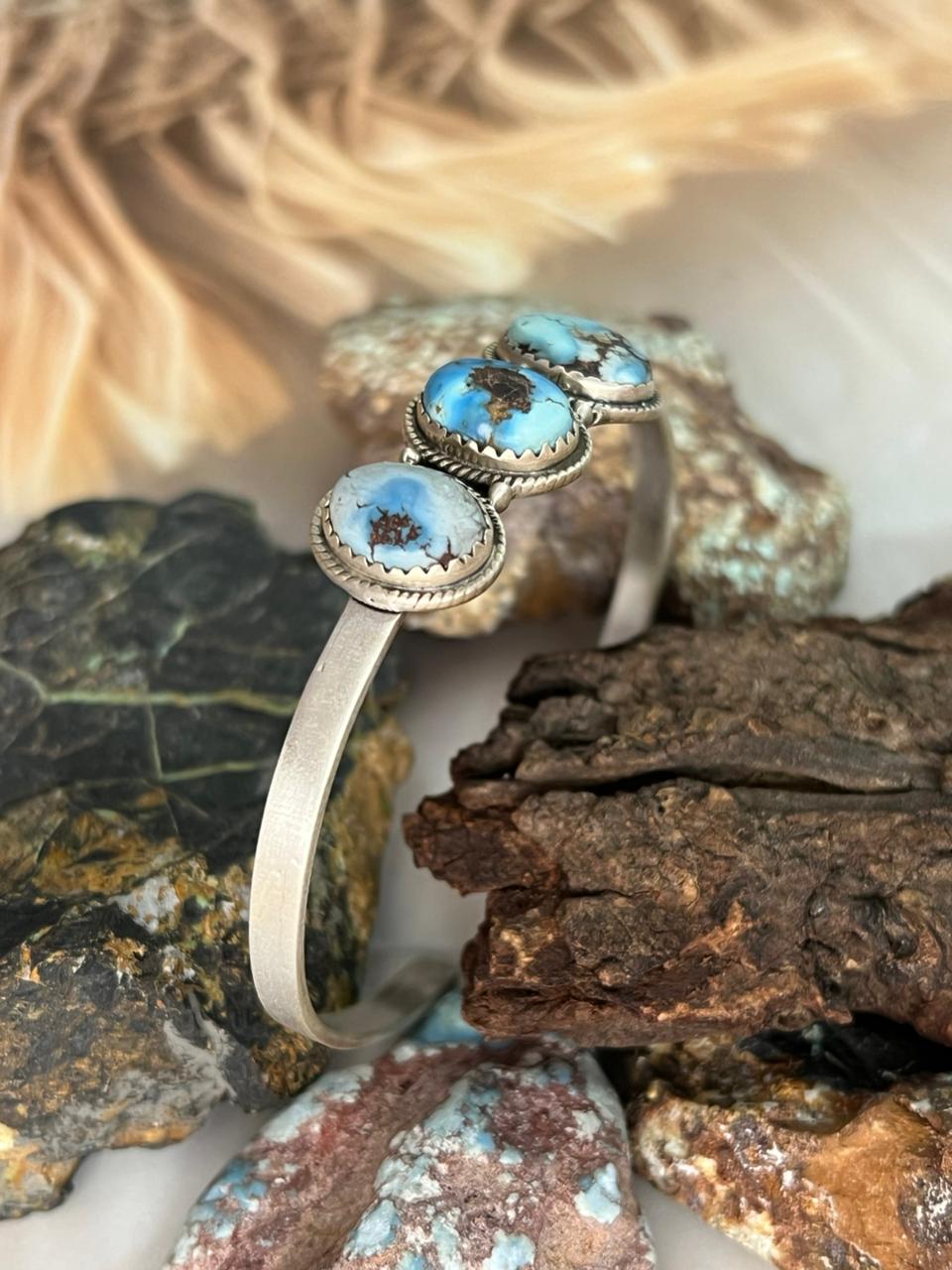 Handmade Sterling Silver Golden Hills Turquoise Bracelet "Signed Nizhoni"