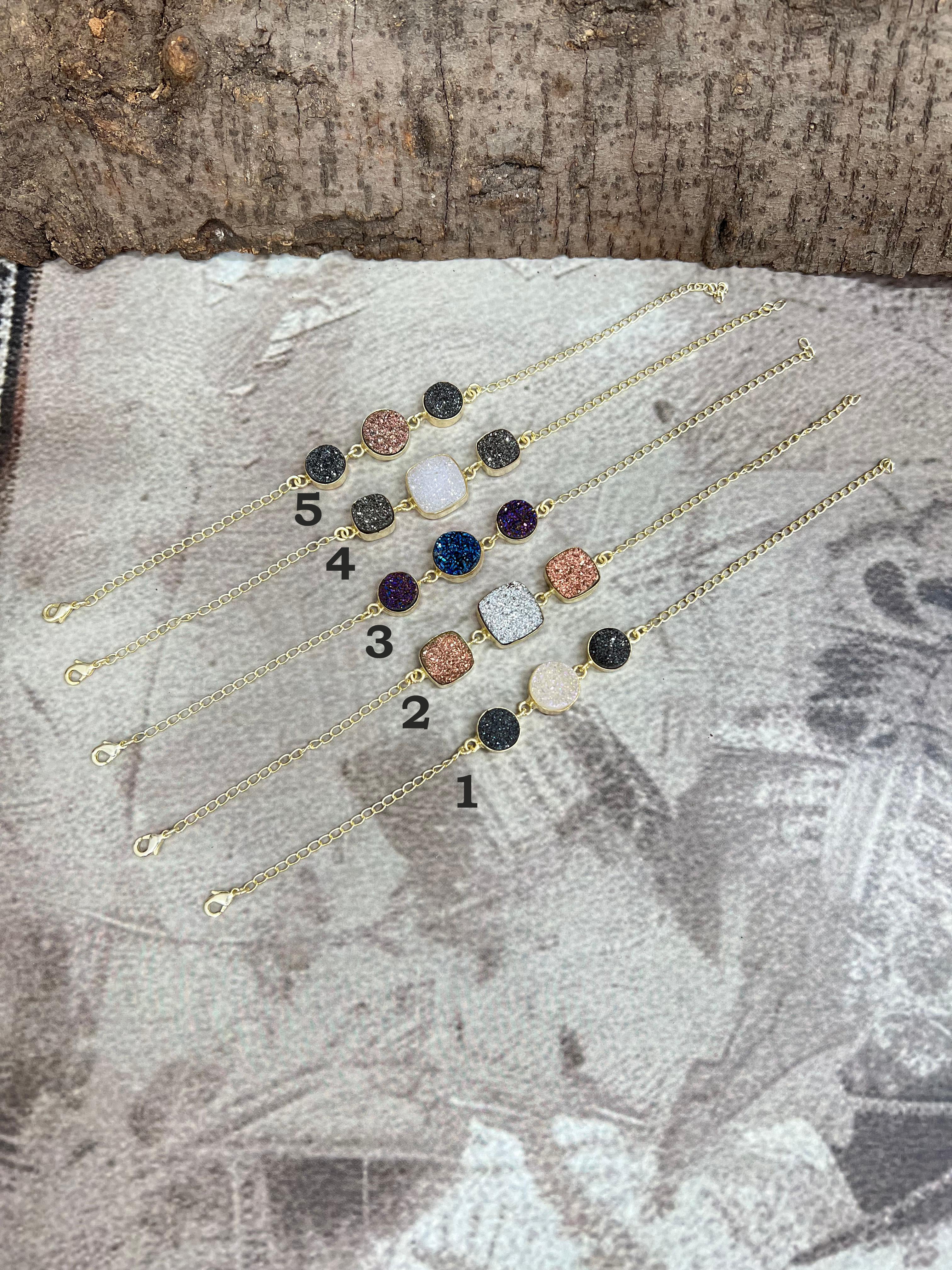 “The Boho Collection” Handmade Natural Gold Plated 3 Stone Druzy Chain Bracelet