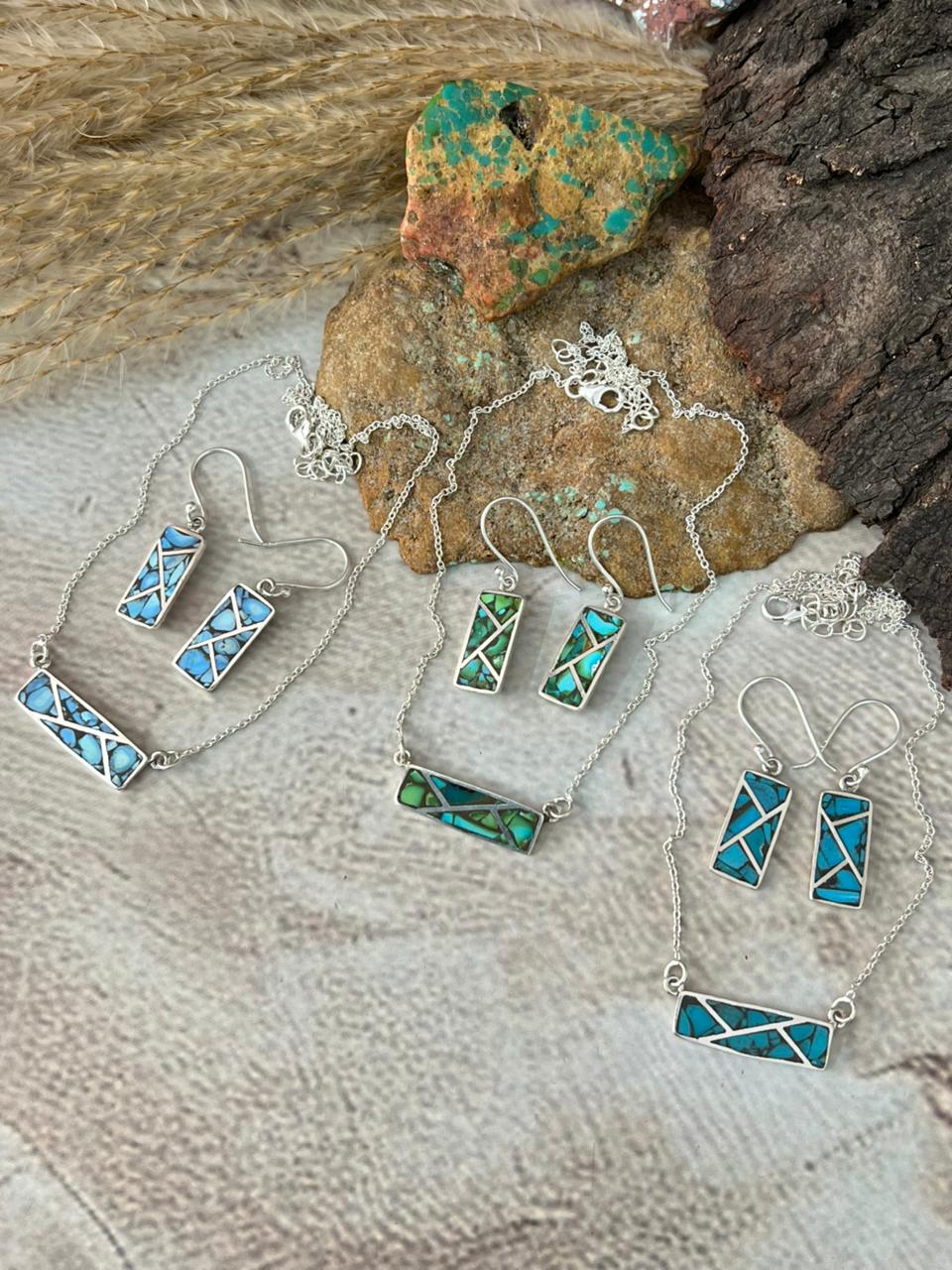 Handmade Sterling Silver Multi Stone INLAY Necklace Earrings Set "Signed Nizhoni"