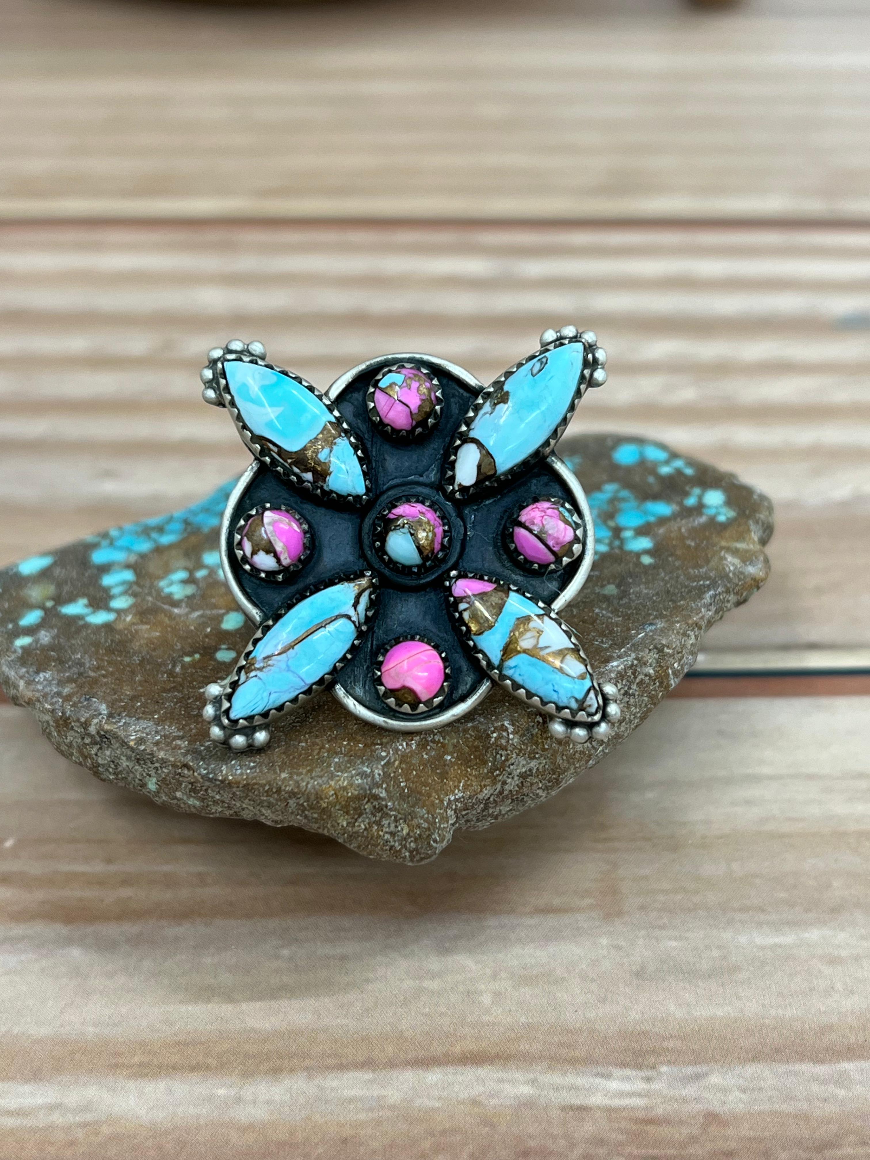 Handmade Sterling Silver Cotton Candy Turquoise Adjustable Ring with Signed Nizhoni