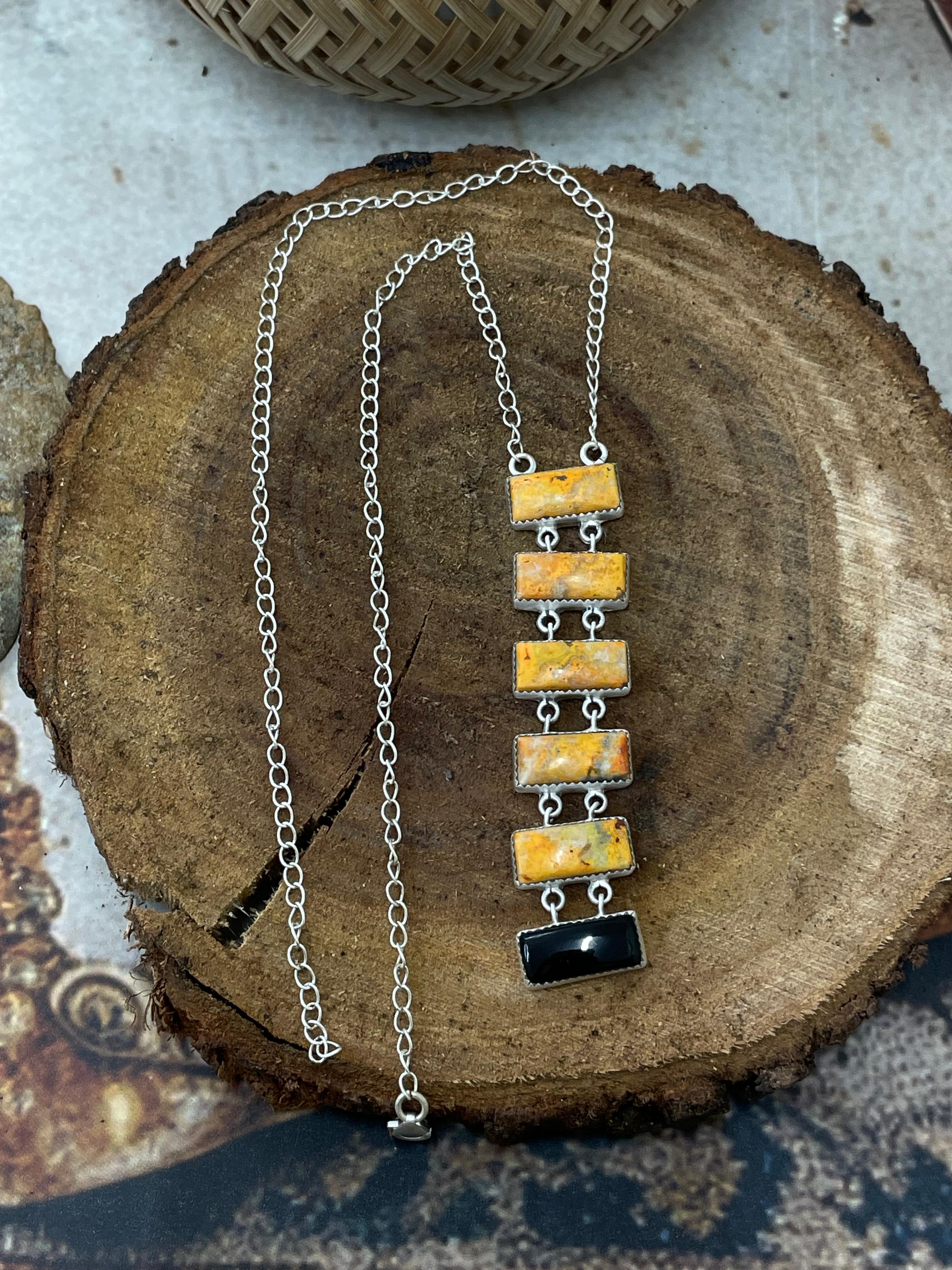 "Halloween Collection" Handmade Sterling Silver Black Onyx, Bumblebee Necklace with Signed Nizhoni