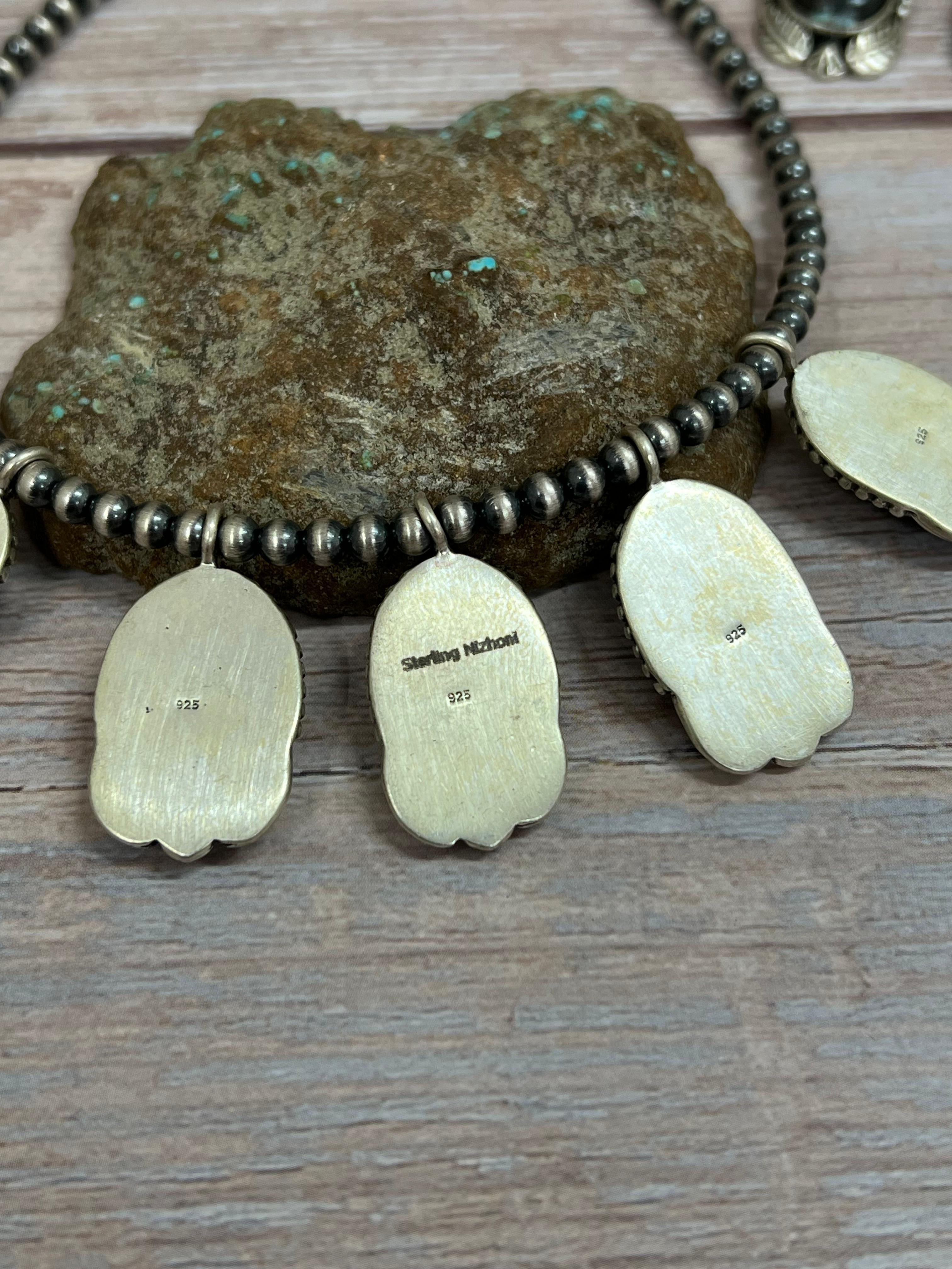 Handmade Sterling Silver Blackjack Turquoise Beaded Necklace with Signed Nizhoni