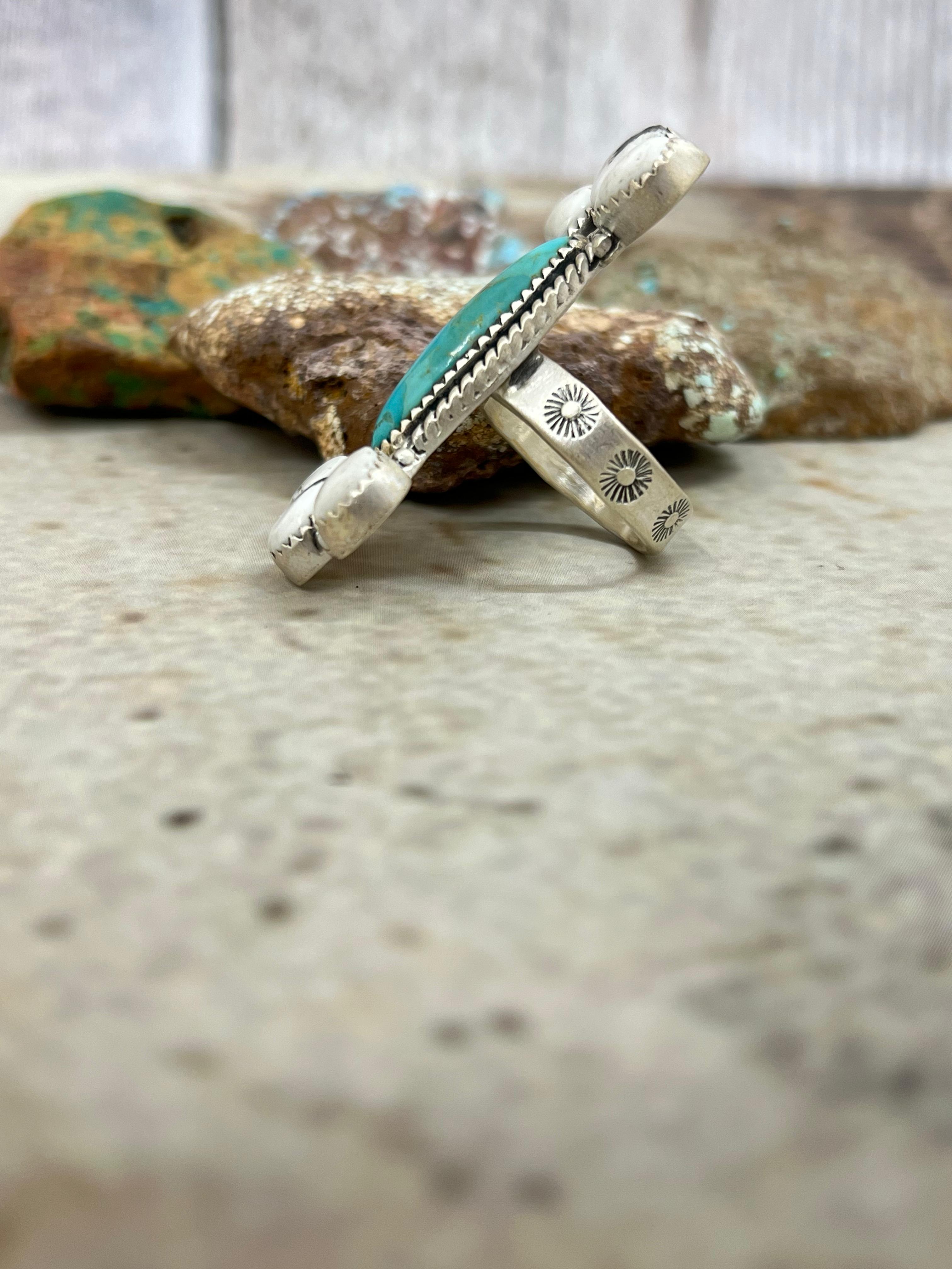 Handmade Sterling Silver White Buffalo with Kingman Turquoise Adjustable Ring with Signed Nizhoni